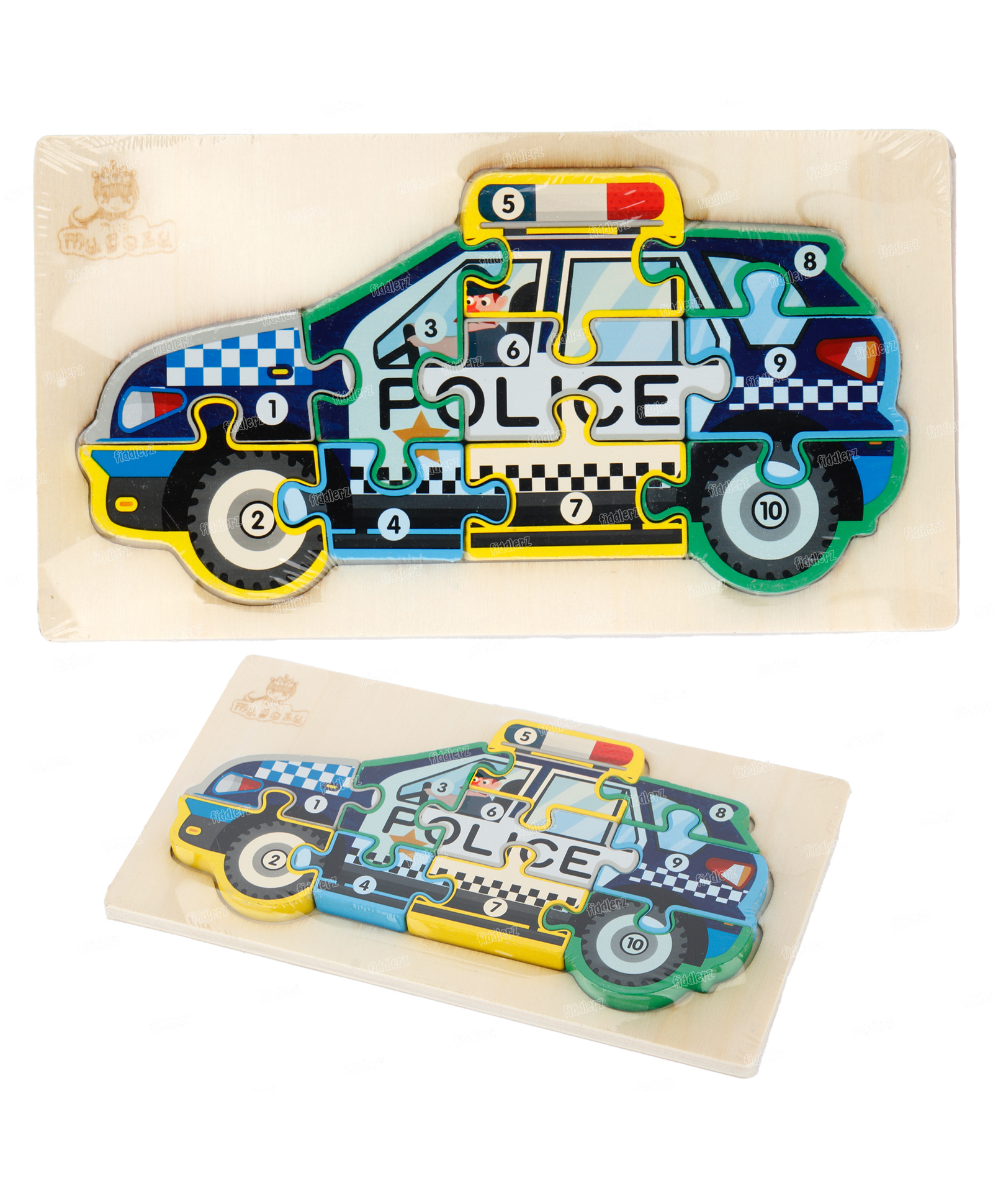 Fiddlerz Wooden Police Car Shape Montessori Toy Jigsaw Puzzles Multicolor - 10 Pieces-picture-14