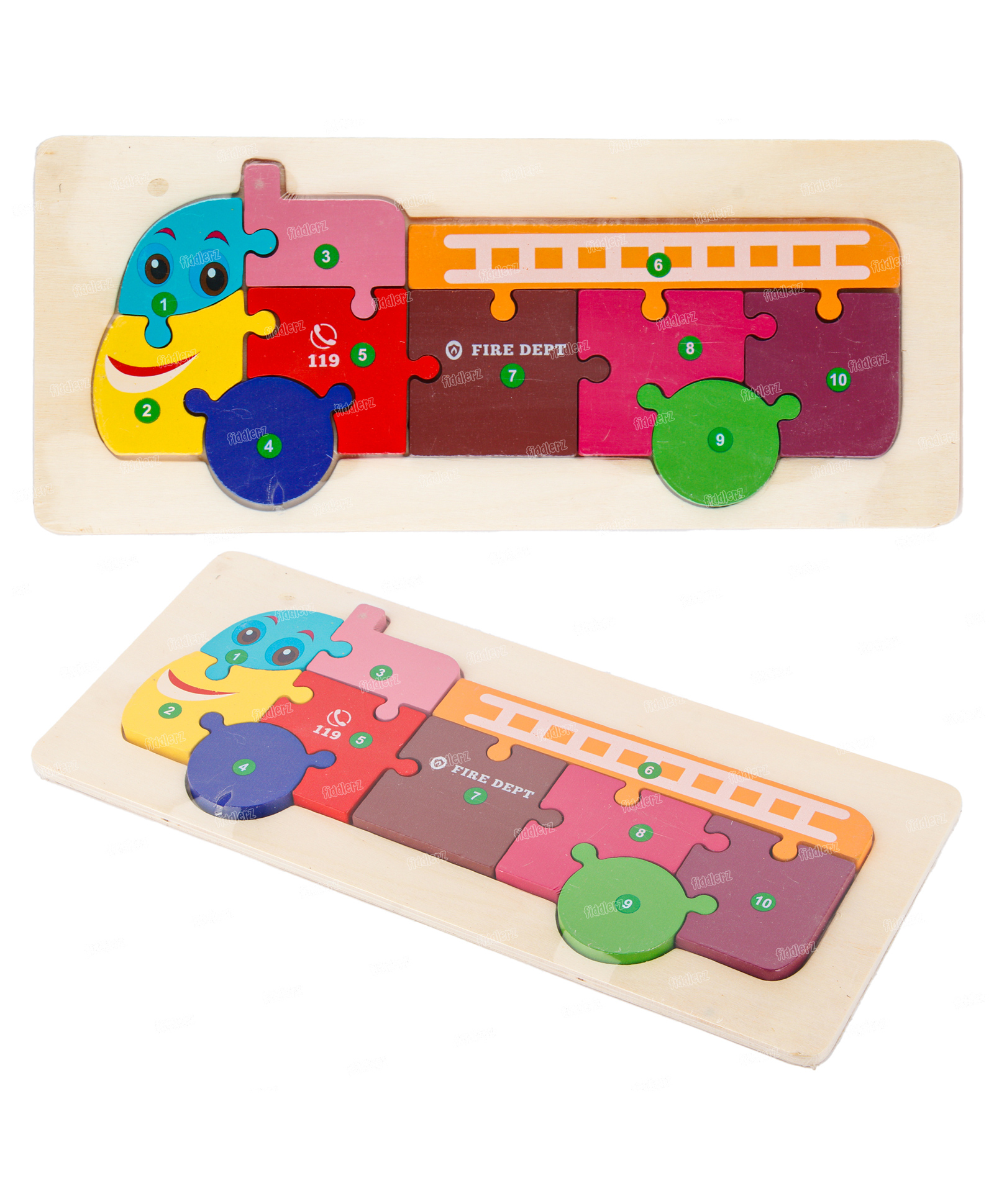 Fiddlerz Wooden Puzzle for Kids Fire Truck Shape Montessori Toy Jigsaw Puzzles Numbers Color Learning Toy - 10 Pieces-picture-23