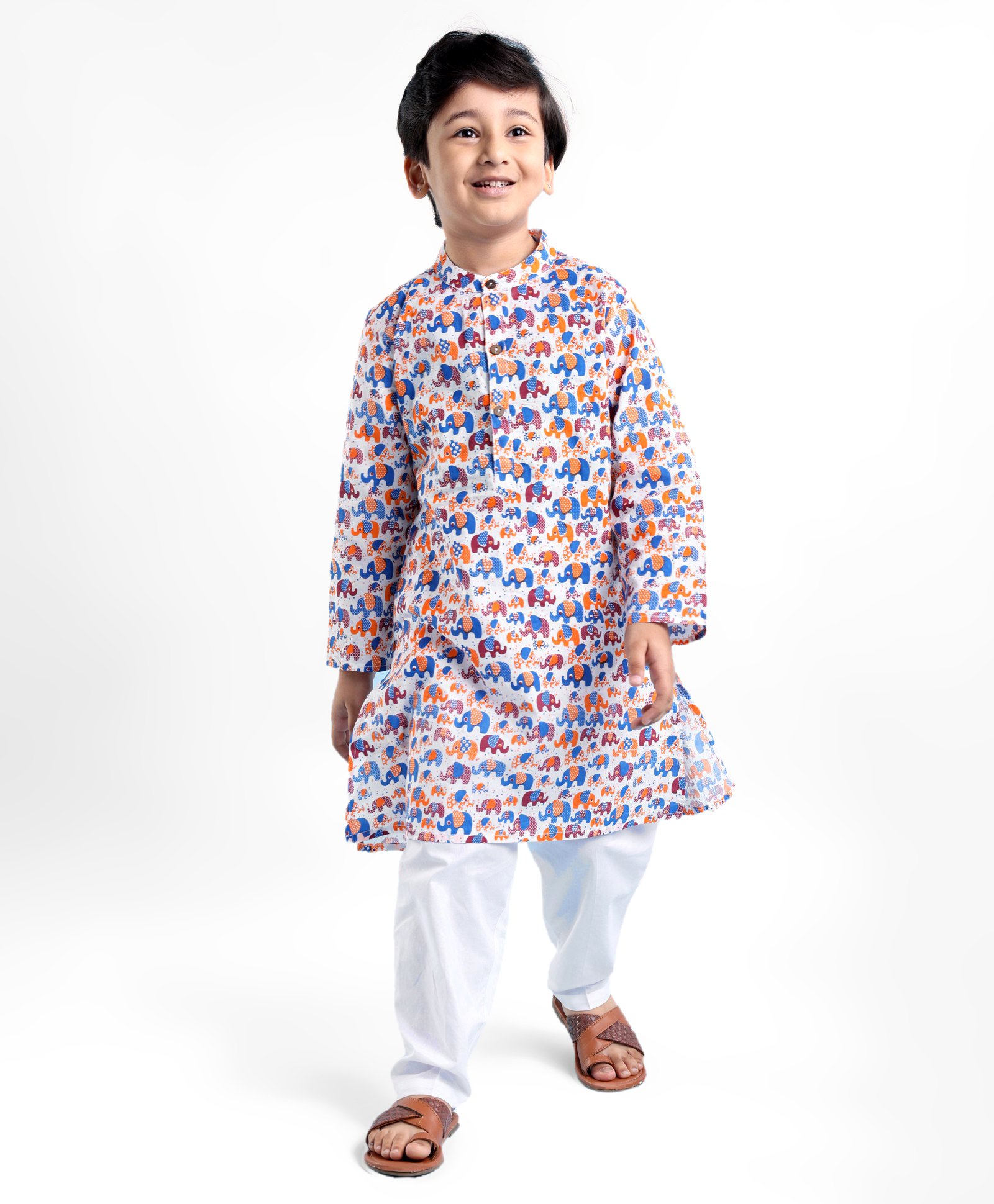 Babyhug Cotton Woven Full Sleeves Kurta and Pajama Set Elephant - White & Blue-picture-22