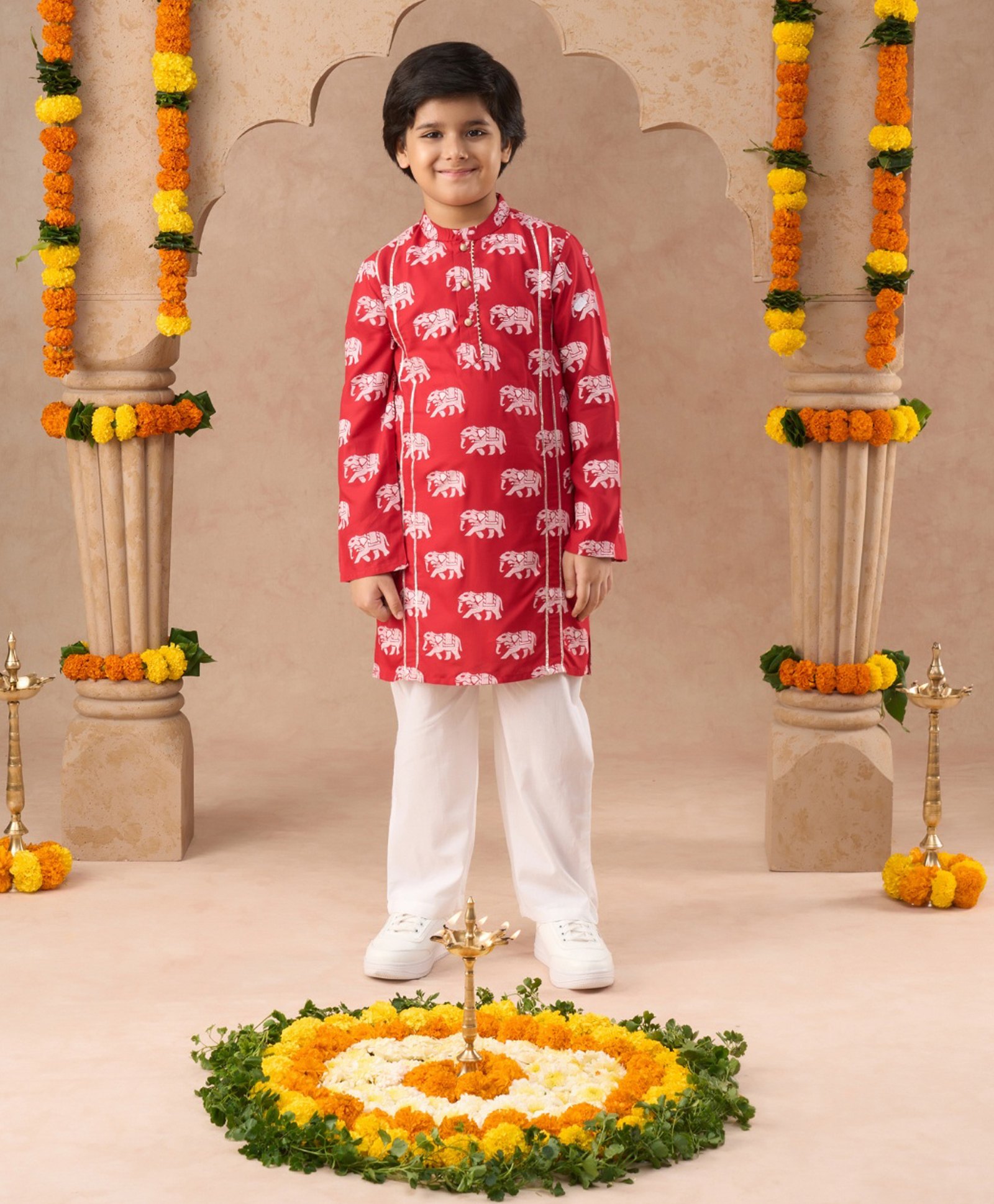 Lil Drama Full Sleeves Elephant Printed Rayon Kurta With Cambric Pyjama - Red-image-40