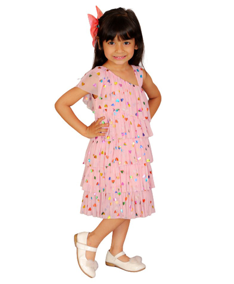 Lil' Drama One Shoulder Foil Heart Printed Net Tiered Party Dress - Pink-image-31