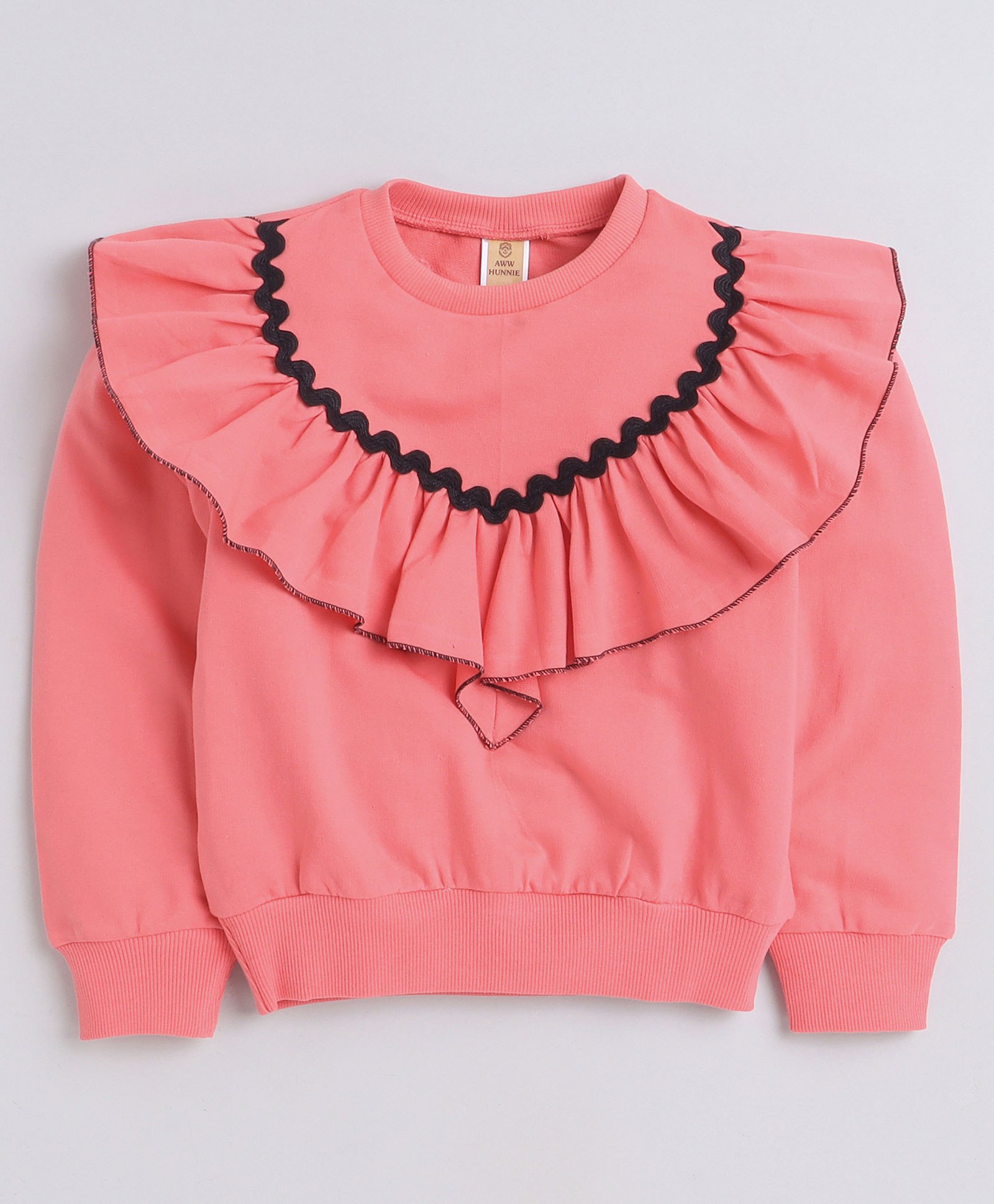 Aww Hunnie Full Sleeves Frill & Lace Detailed Autumn & Winter Wear Sweatshirt - Peach-picture-13