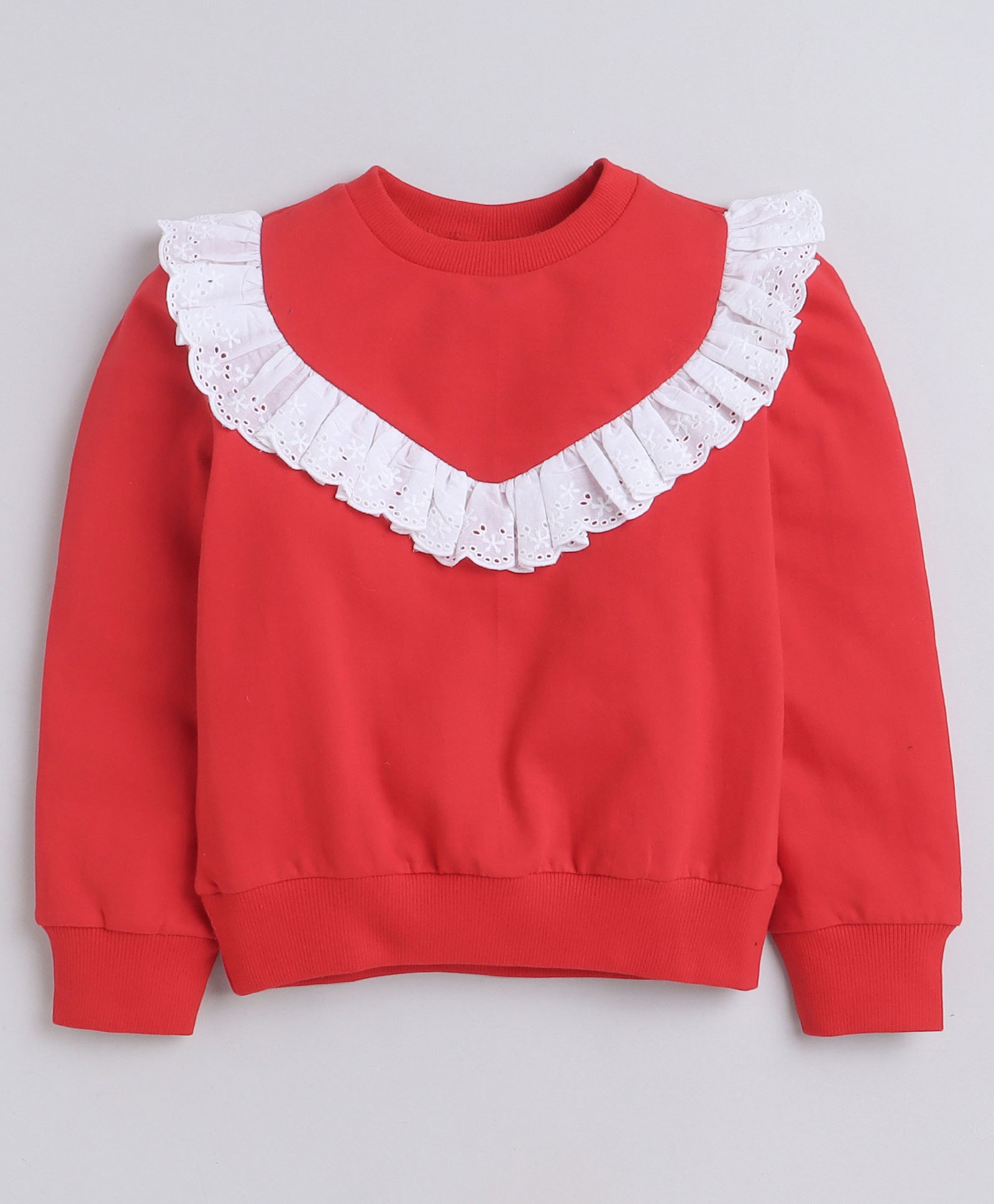 aww hunnie Aww Huunie  Full Sleeves Frill Neckline Lace Embellished Autumn & Winter Wear Sweatshirt - Red-picture-0