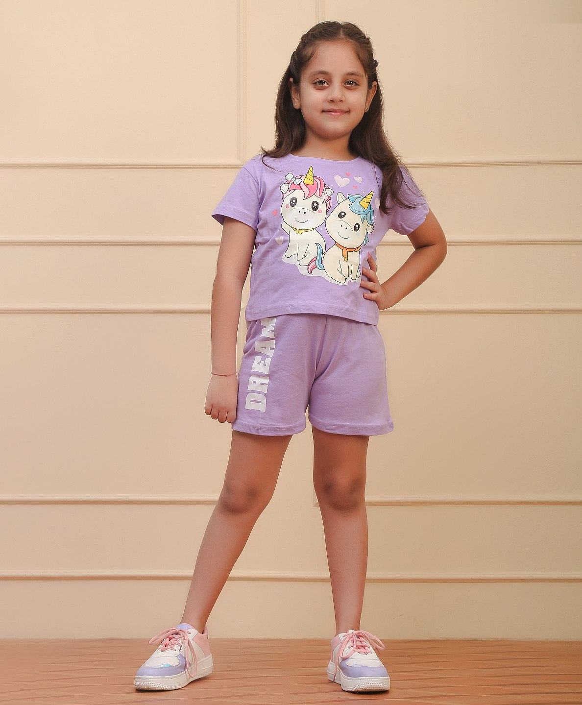 Ninos Dreams Half Sleeves Unicorn  & Dream Text Printed Tee With  Short  Set  - Mauve Purple-image-48