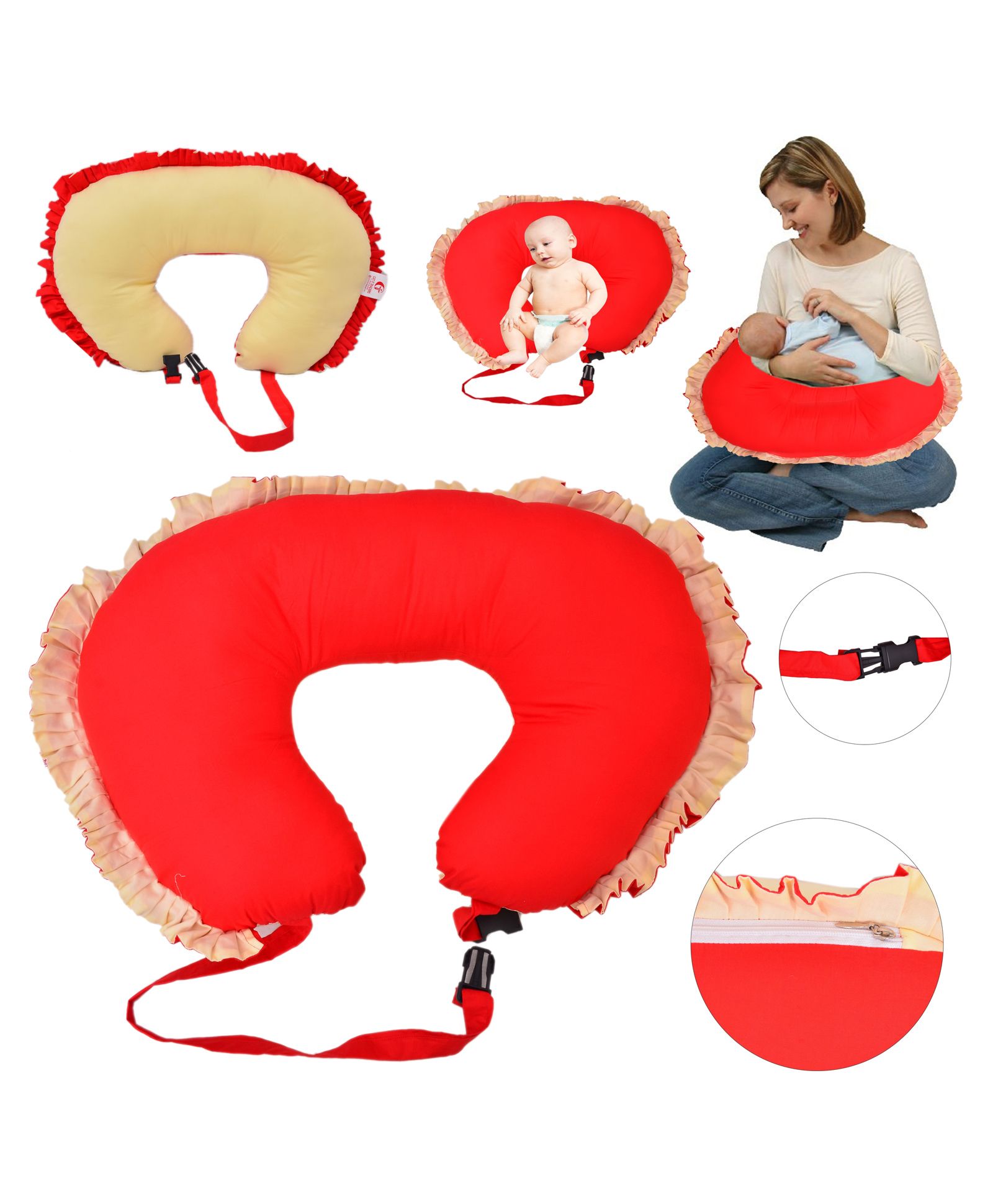 Get It 100% Cotton Extra Large Breast feeding Recron Pillow Removable Cover with Zip Buckle Adjust Nursing - Red Beige-picture-30