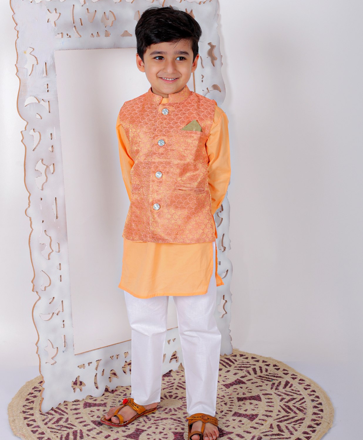 Superminis  Pure Cotton Full Sleeves Solid Kurta Pyjama With Dupion Silk Seamless Scallop Styles Ethnic Motif Designed Jacket - Orange-picture-37
