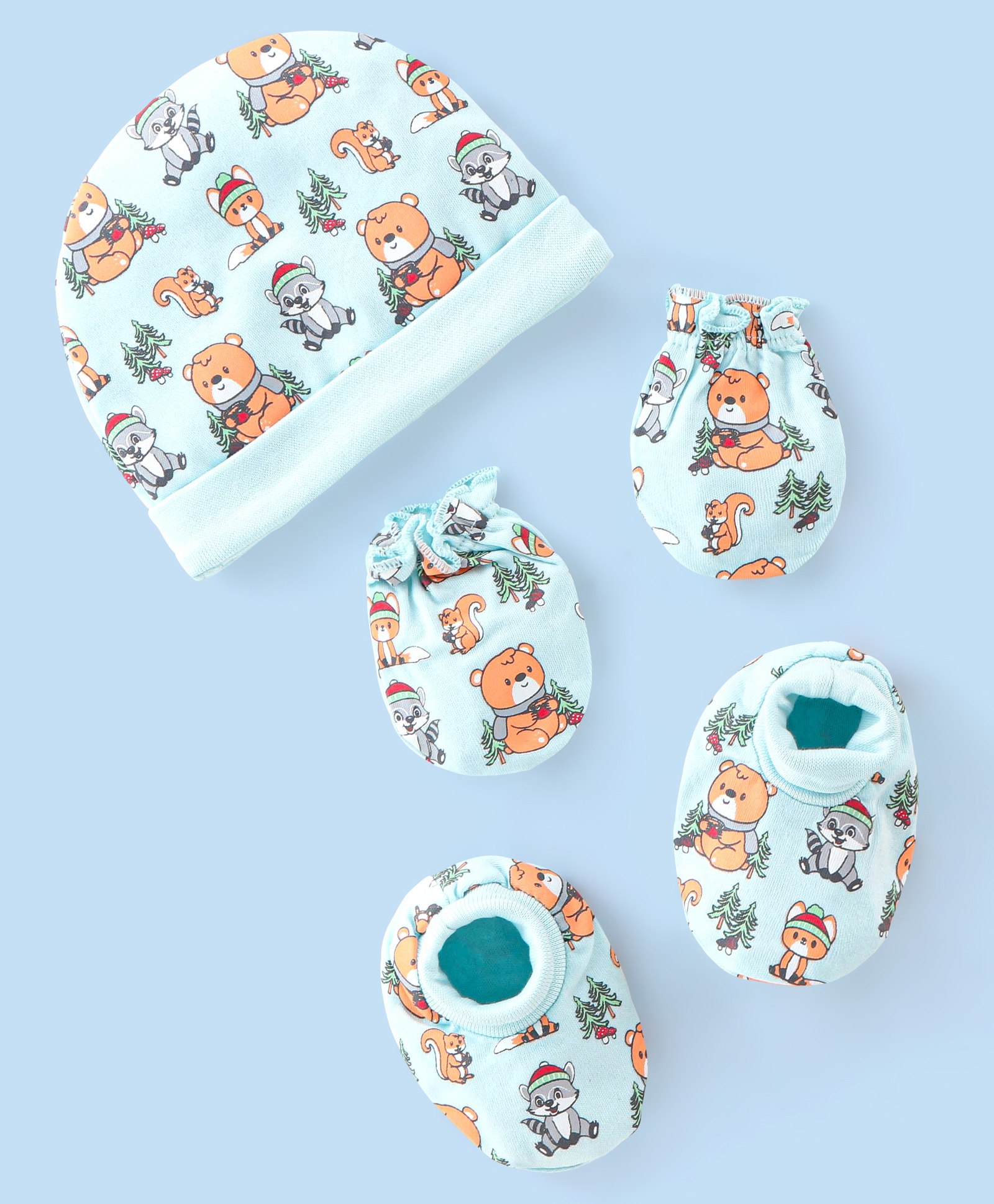 Babyhug 100% Cotton Knit Bear Print Cap Mittens & Booties - Blue-picture-25