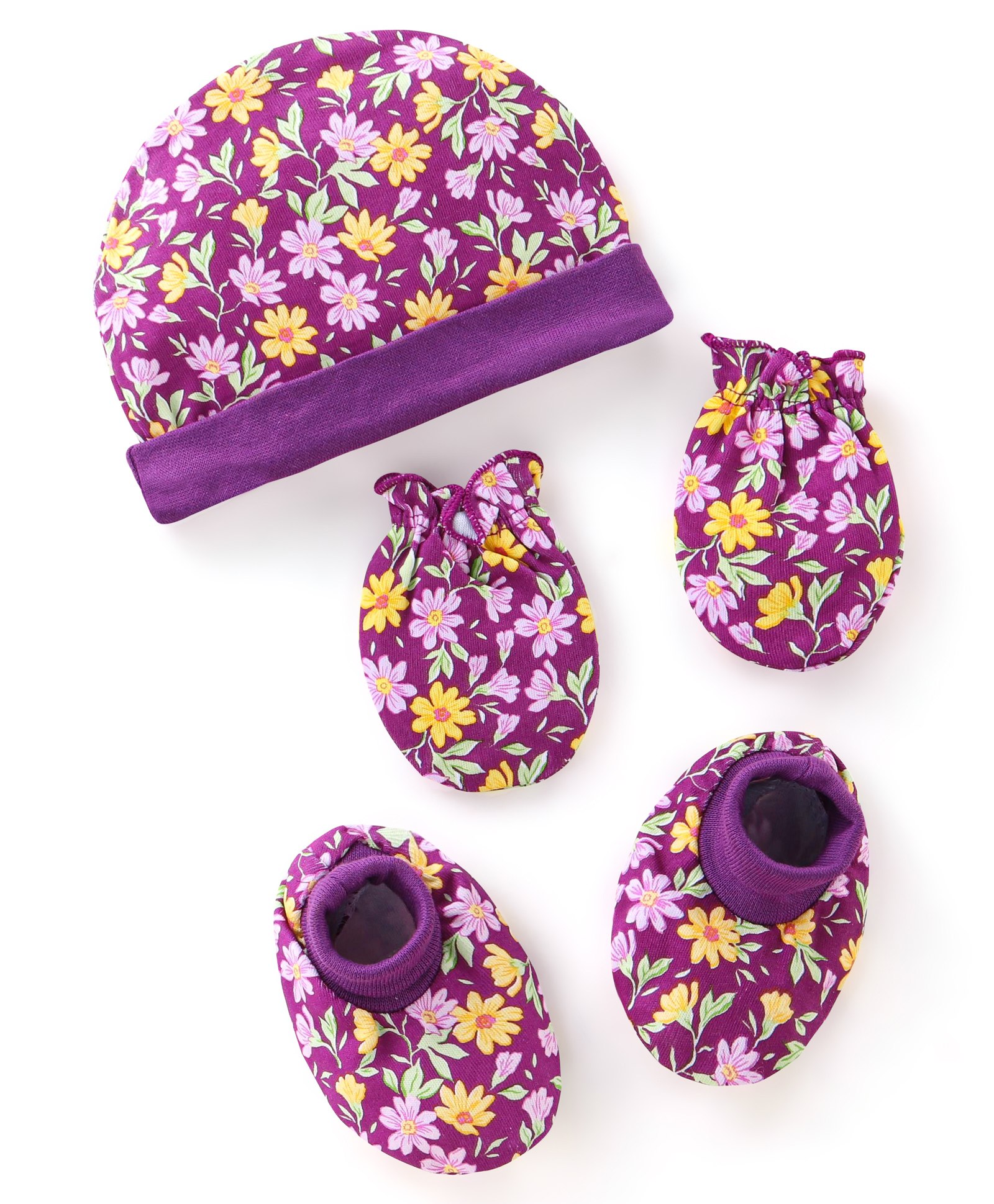 Babyhug 100% Cotton Knit Floral Print Cap Mittens & Booties - Purple-image-15