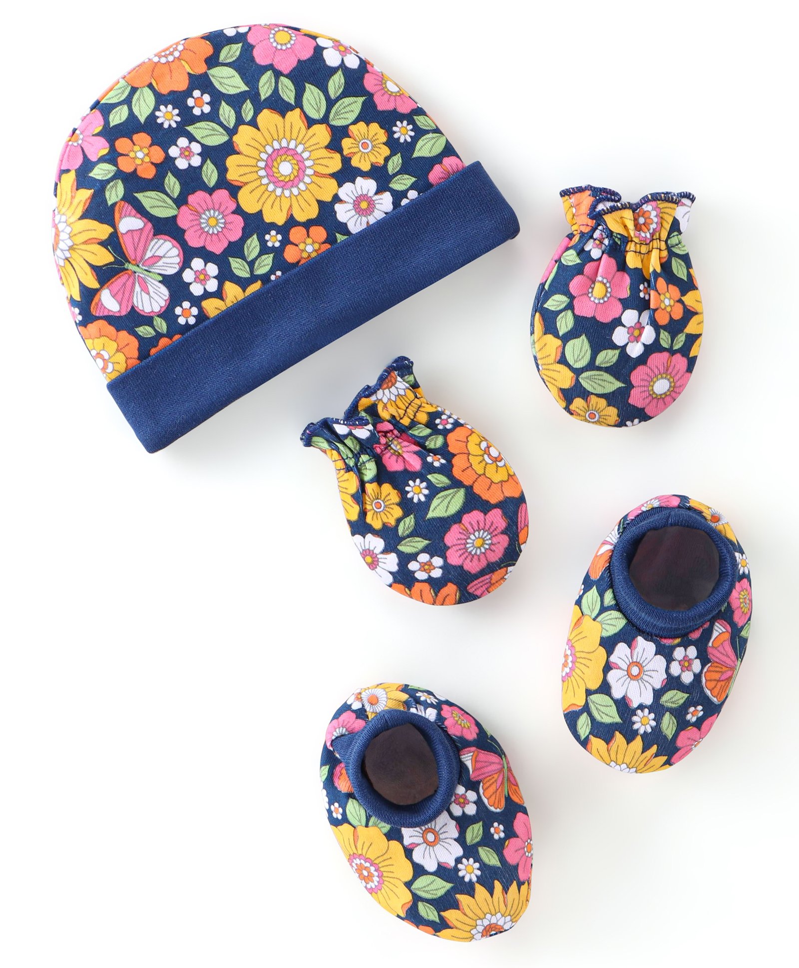 Babyhug 100% Cotton Knit Cap Mittens and Booties Floral Print - Navy Blue-image-46