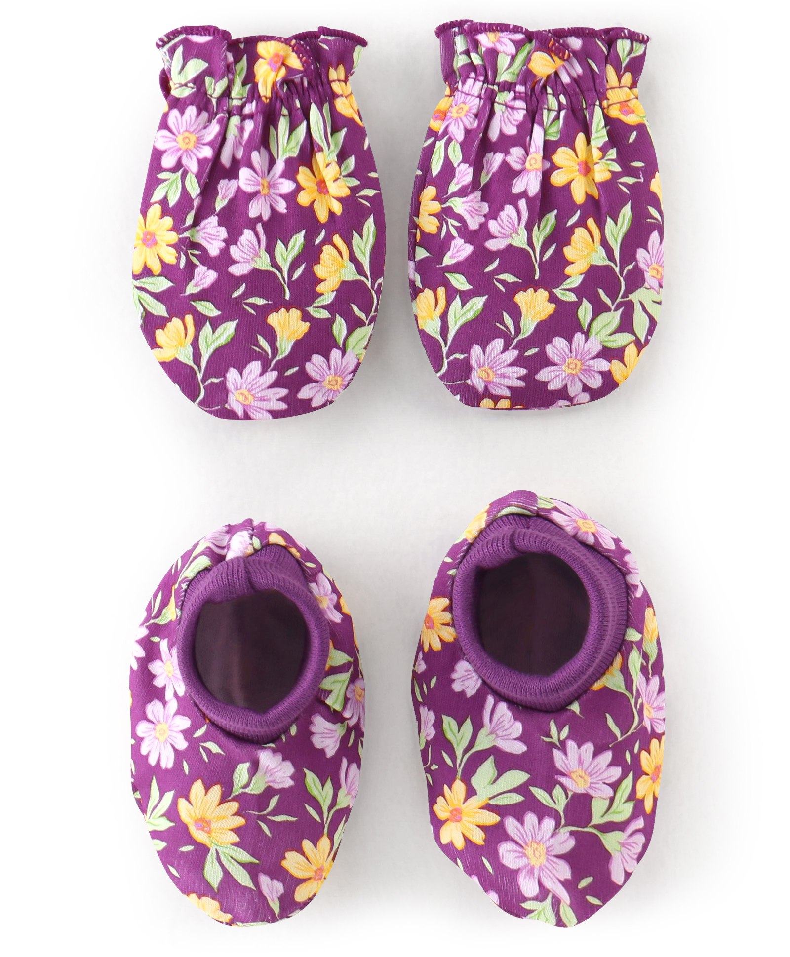 Babyhug 100% Cotton Knit Floral Printed Mittens & Booties - Purple-picture-16