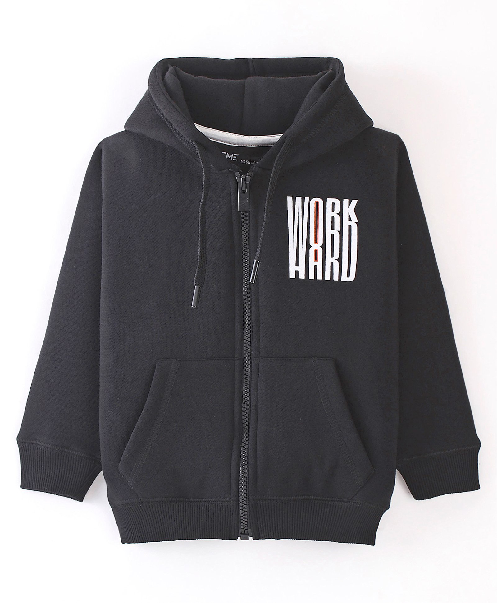 Doreme Fleece Full Sleeves Hooded Sweat Jacket Text Print- Black-image-11