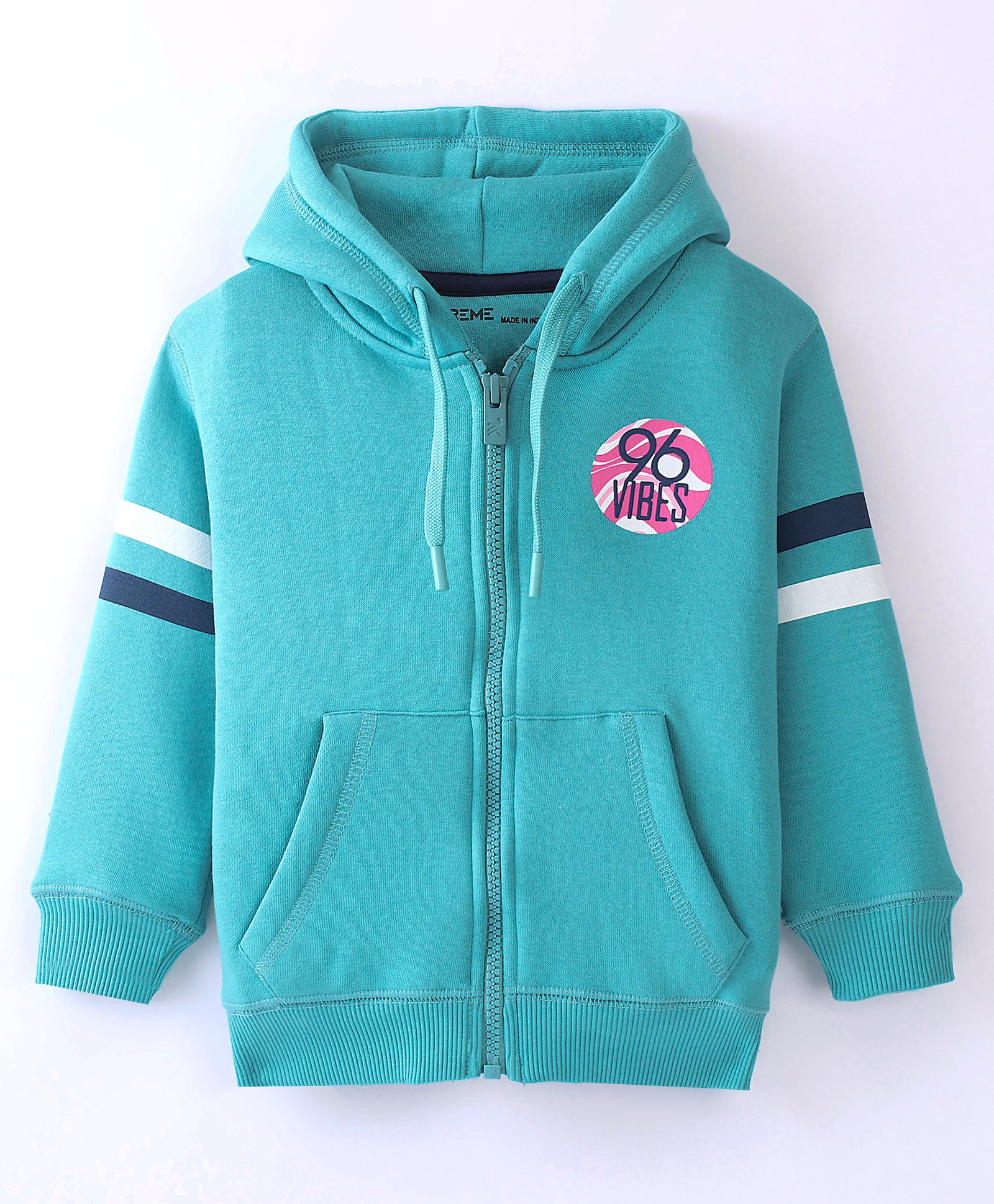 Doreme Fleece Full Sleeves Hooded Sweat Jacket Text Print- Bondi Blue-image-19