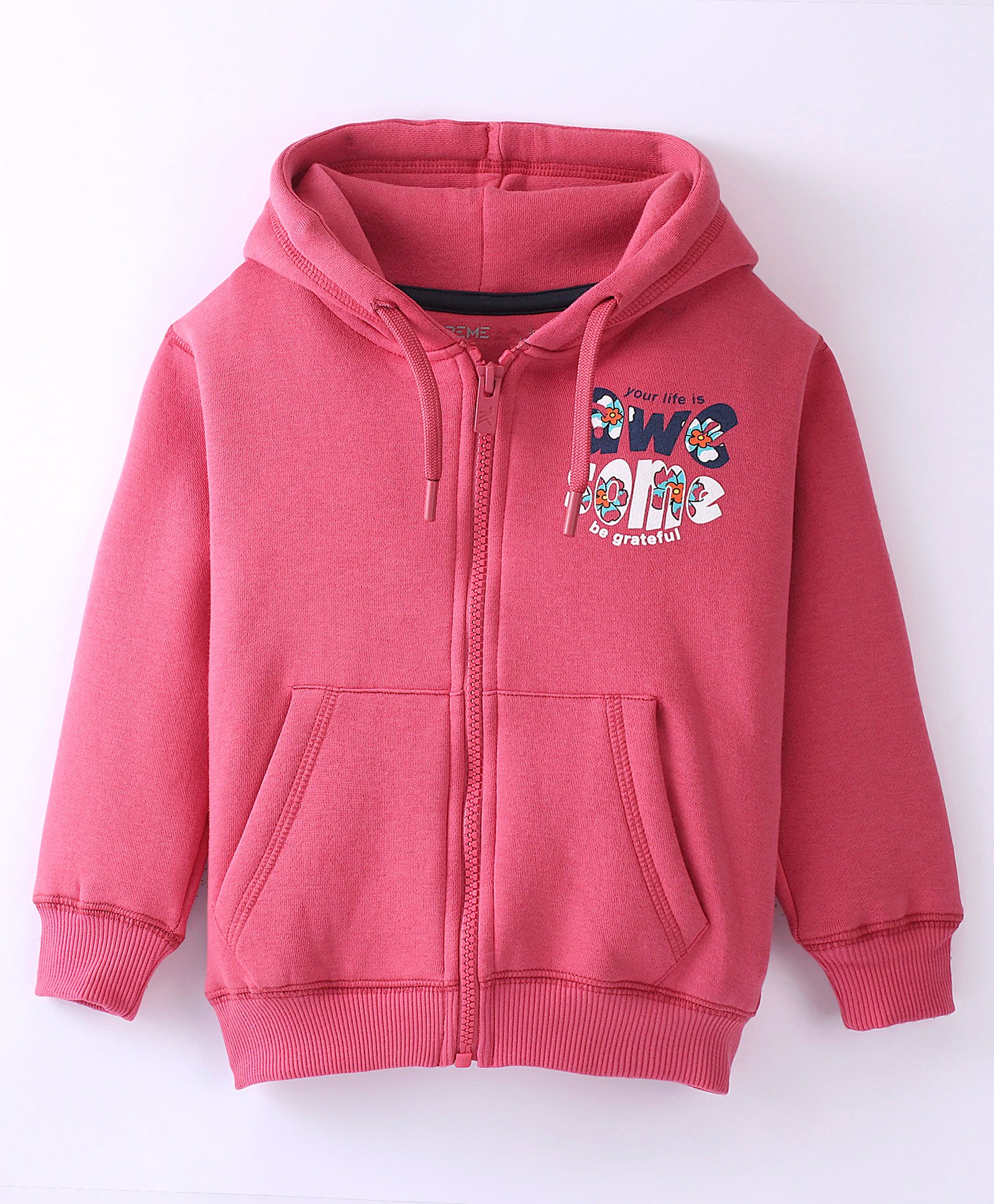 Doreme Fleece Full Sleeves Hooded Sweat Jacket Text Print- Chalk Pink-image-22