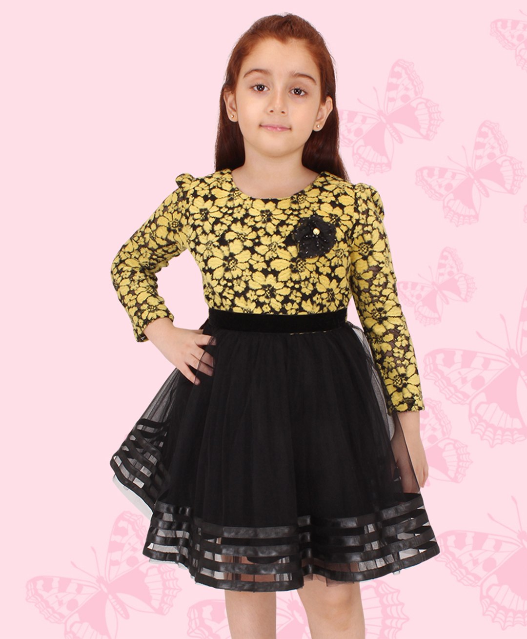 Cutecumber Full Sleeves  Floral Printed Bodice With Flower Applique Detailed Fit & Flare Dress - Yellow-image-8