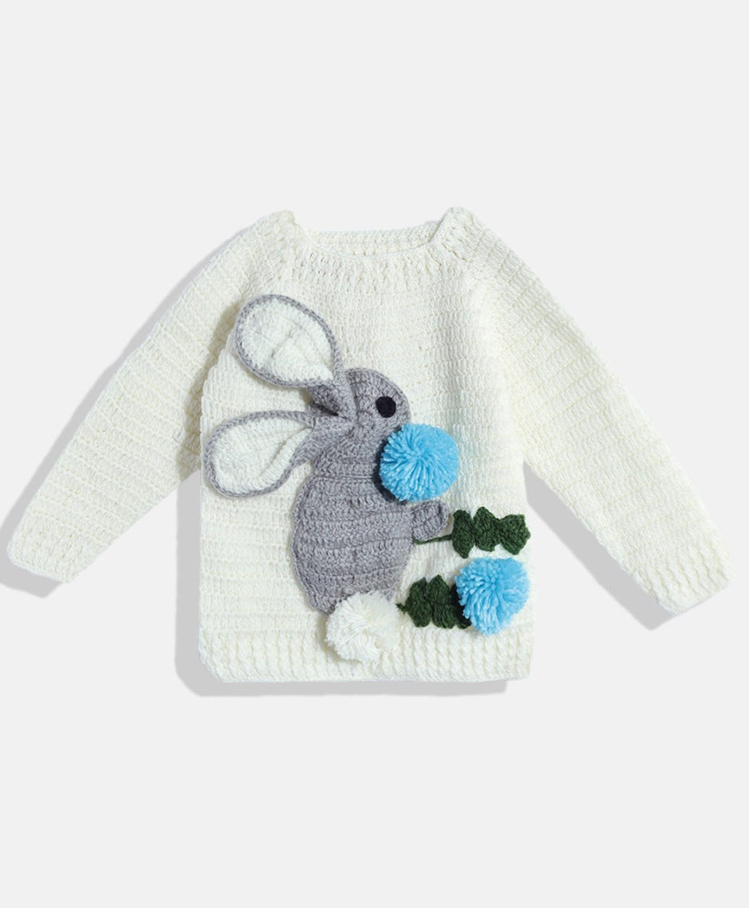 MayRa Knits Full Sleeves Rabbit Detailed Woollen Hand Knitted Sweater - Cream-image-18