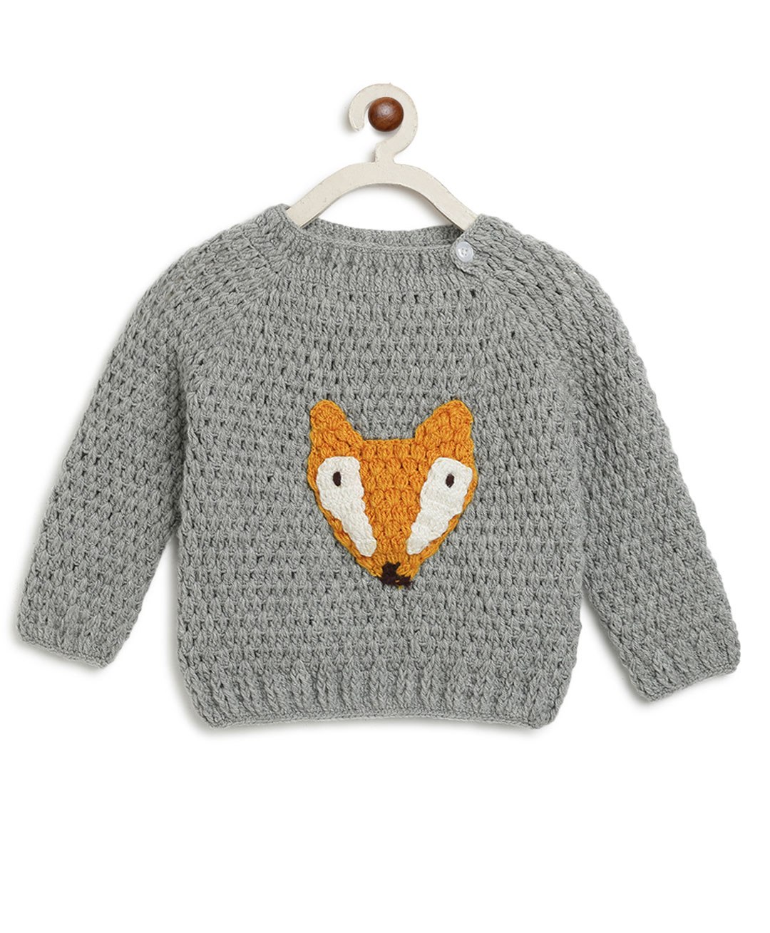 MayRa Knits Full Sleeves Fox Face Detailed Woollen Hand Knitted Sweater - Grey-picture-27