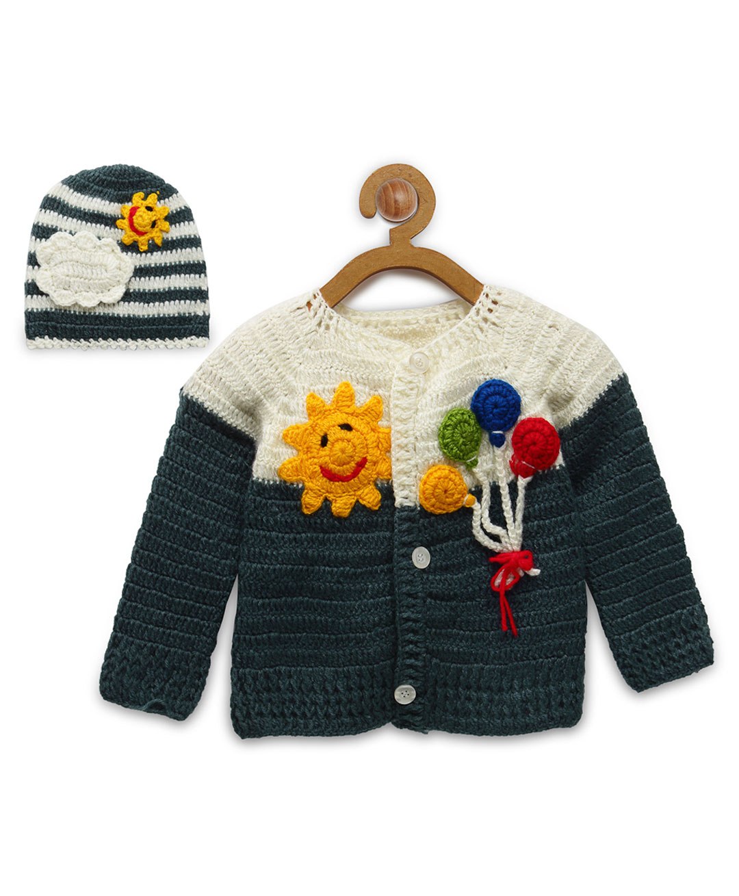 MayRa Knits Full Sleeves Colour Blocked Sun & Balloons Detailed Woollen Hand Knitted Sweater With Cap - Cream-image-4