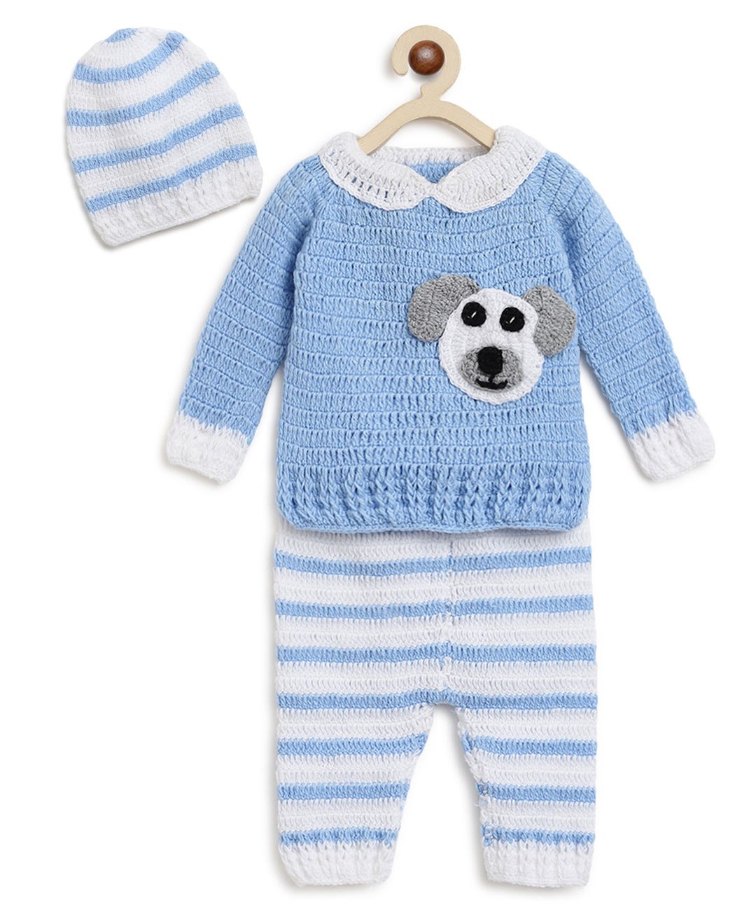 MayRa Knits Full Sleeves Dog Face Detailed Striped Designed Woollen Hand Knitted Clothing Set With Cap And Pajama - Blue-image-41