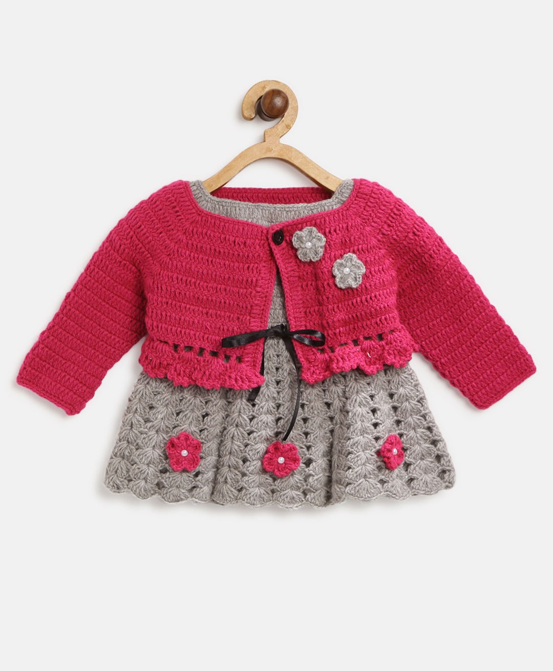 MayRa Knits Full Sleeves Floral Designed Woollen Hand Knitted Dress With Shrug - Green & Pink-image-49