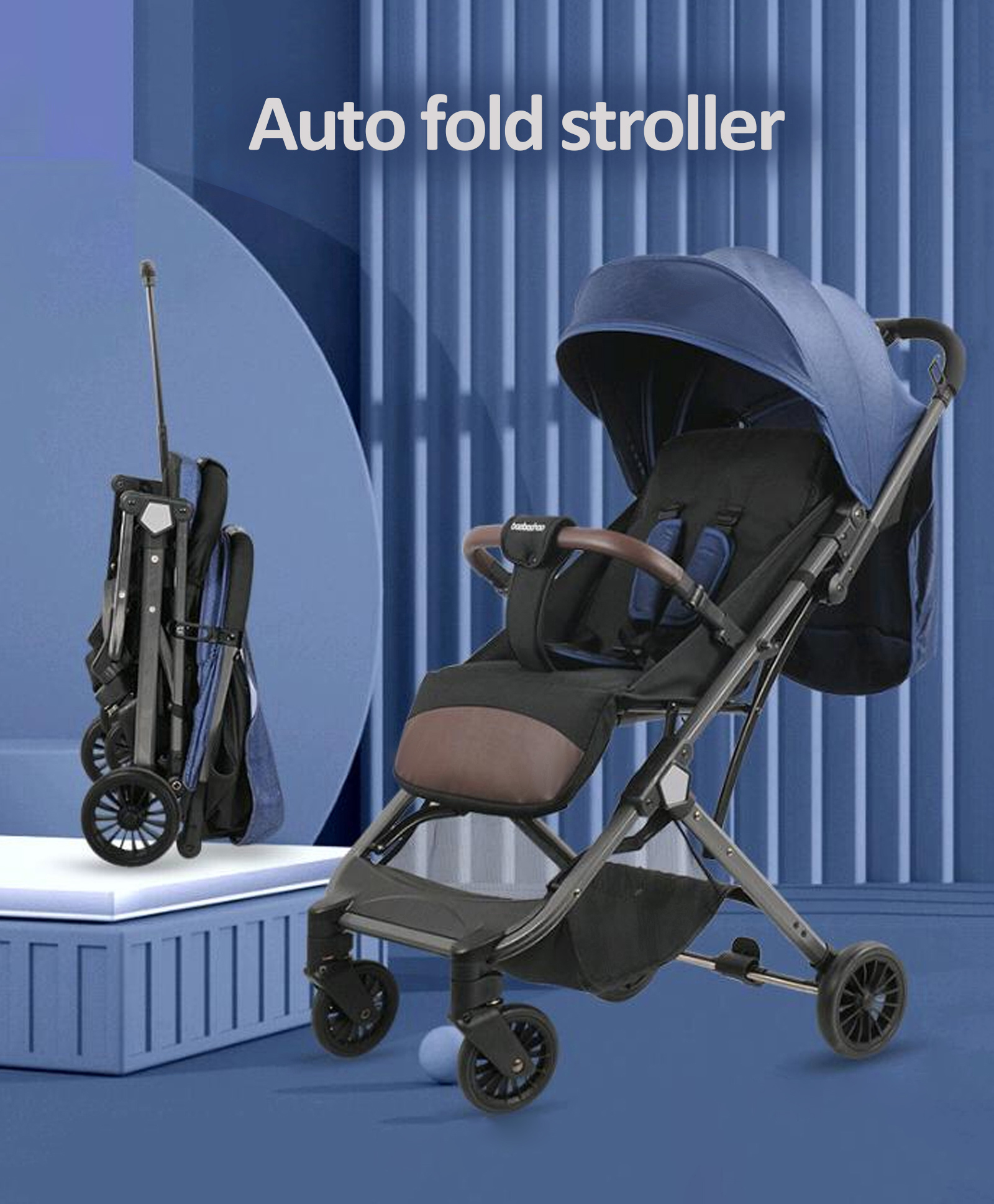 fab n funky Air Lite Stroller One Hand Fold Light Weight Travel Friendly Adjustable Canopy with Extended Mosquito Net Suspension Wheels & Storage Basket - Blue-picture-10