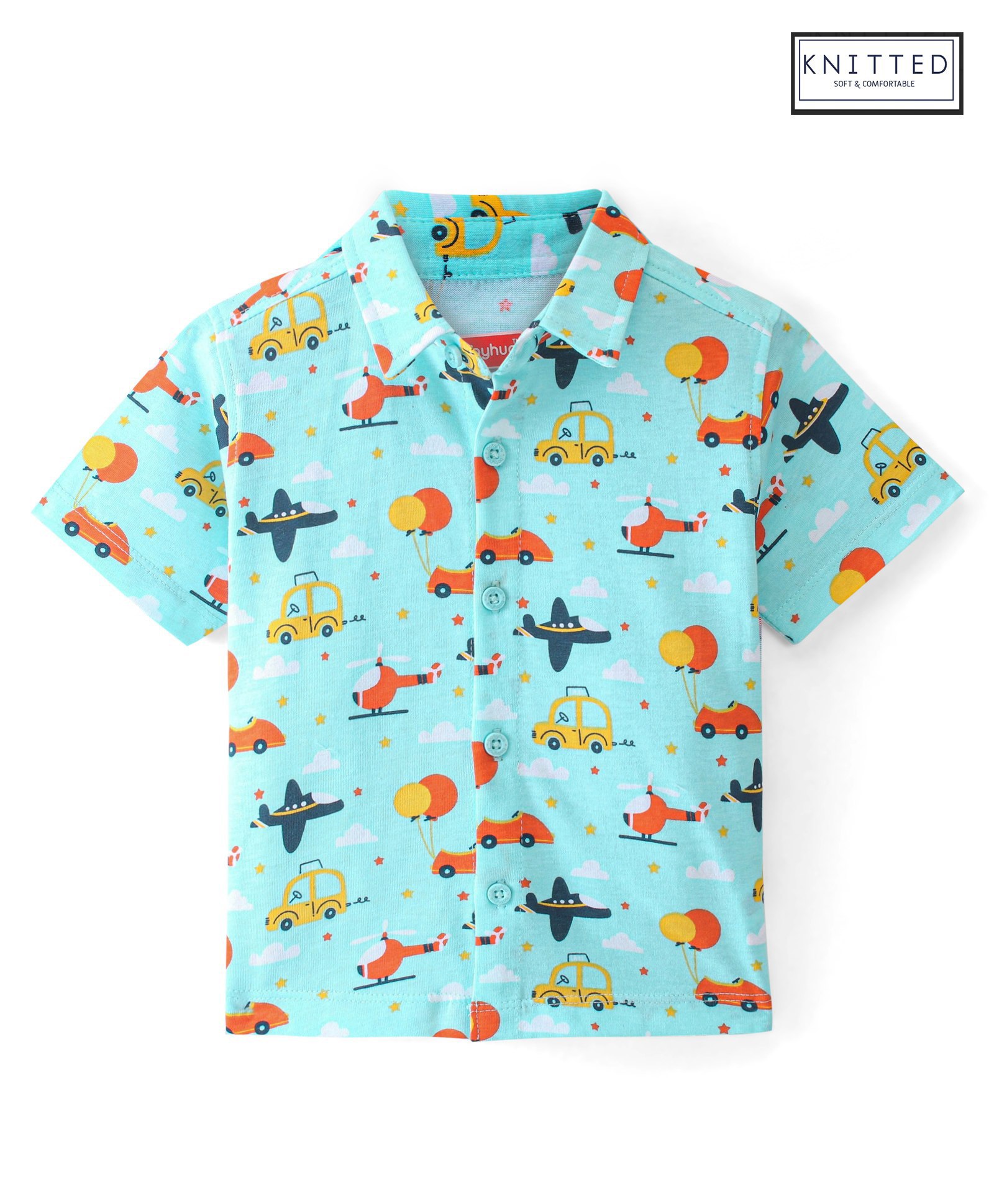 Babyhug Knitted Half Sleeve Regular Collar Vehicles Printed Shirt - Blue-image-14
