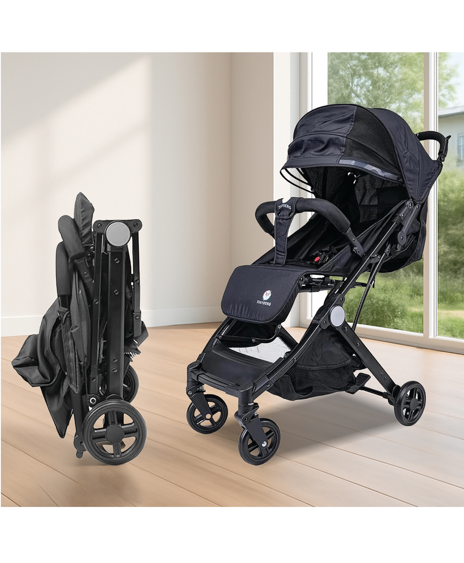 Tinyberg B-Wagon travel Stroller with 5 Point safety harness with adjustable canopy - Black-picture-22