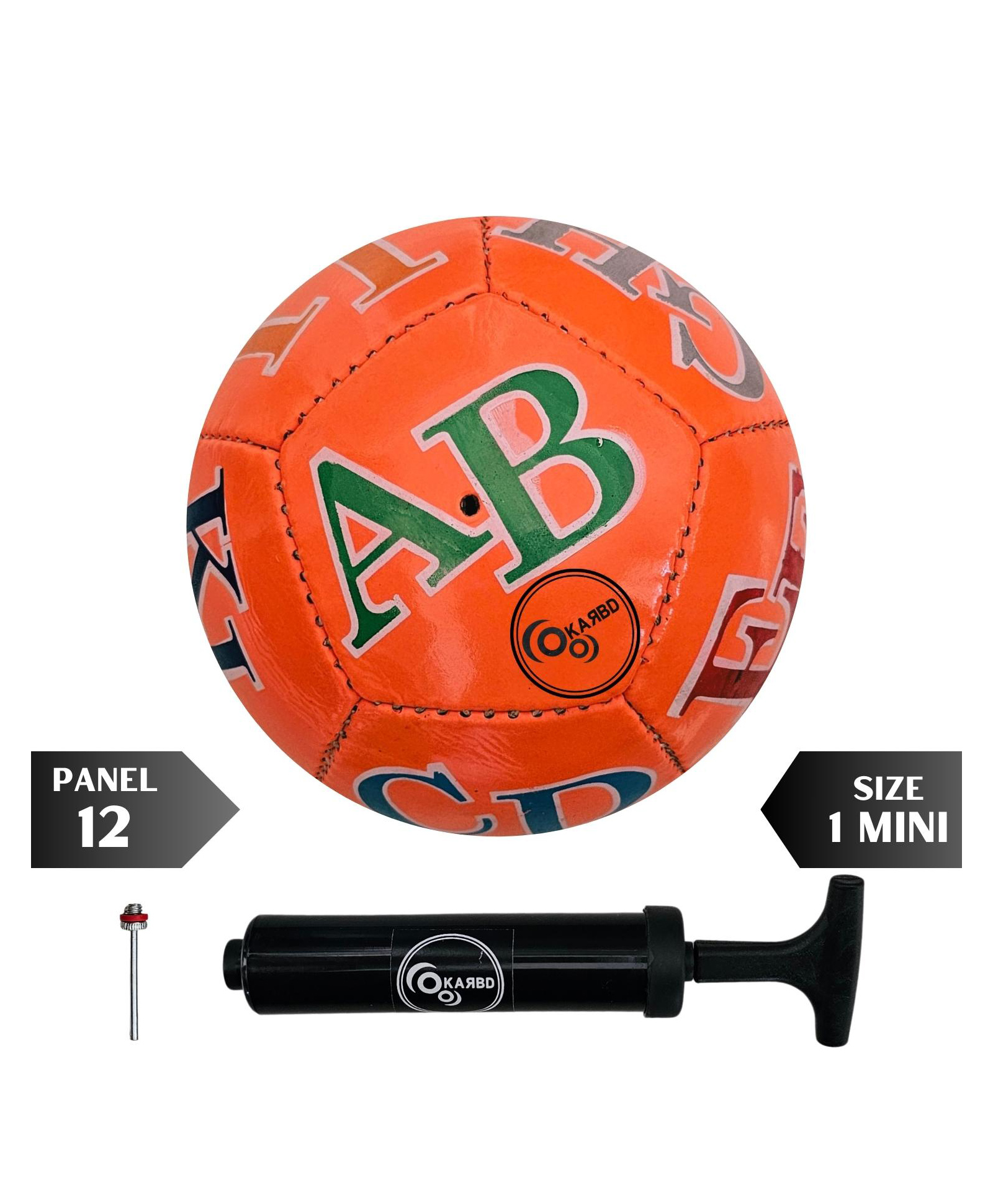 KARBD Football with Air Pump & Pin - Size 1 Mini 12 Panel PVC Orange Alphabets Learning-image-2