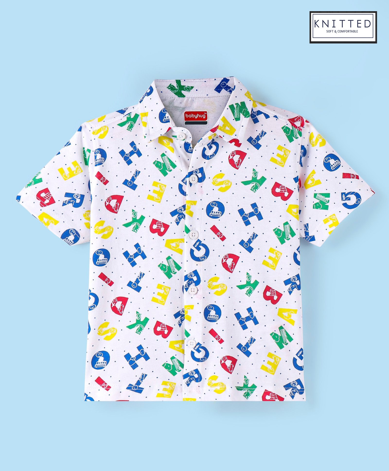 Babyhug Cotton Knit Half Sleeves Alphabets Printed Shirt - White-image-49