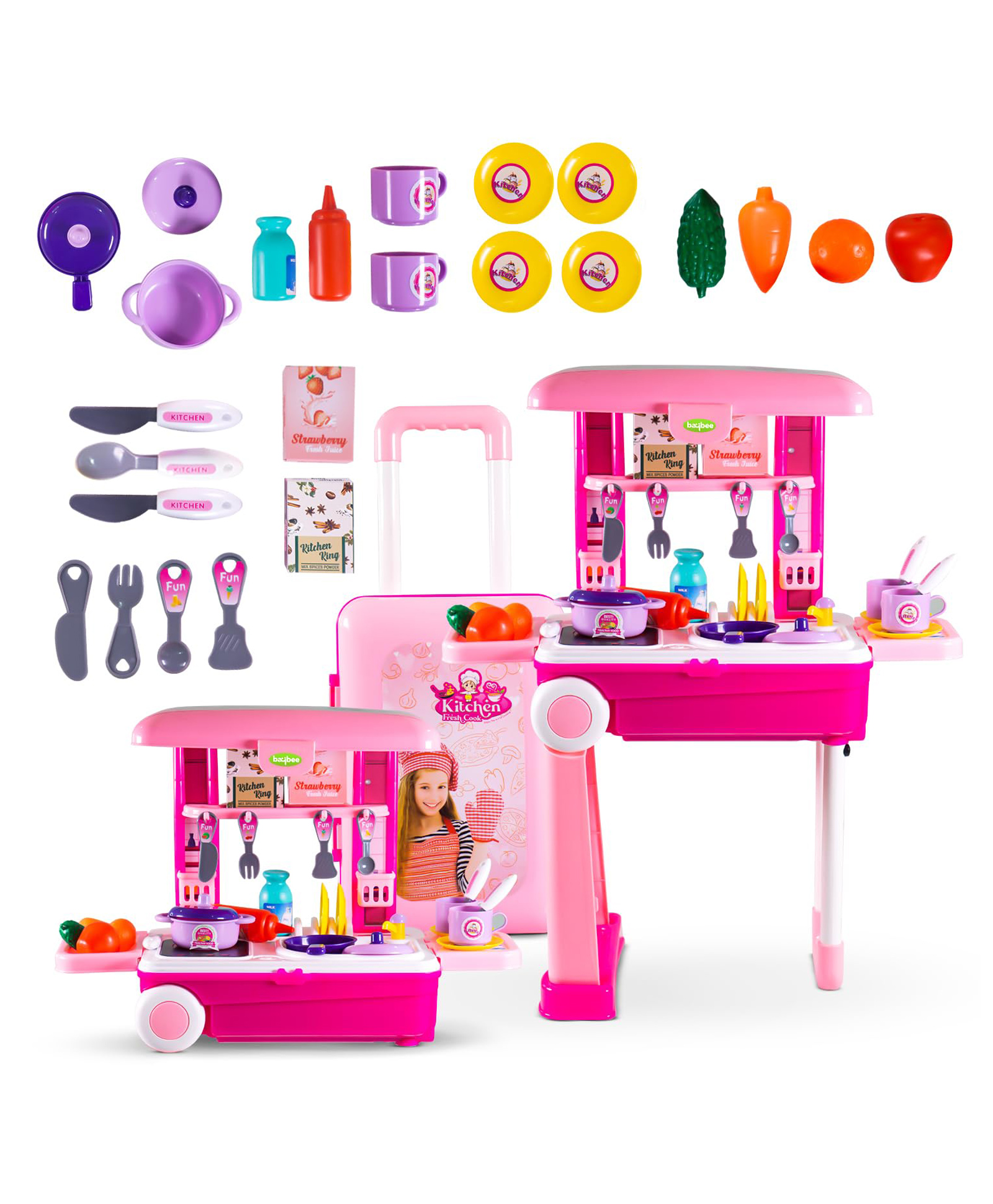 Baybee Pretend Play Kitchen Set for Kids Girls, Little Chef Kids Big Cooking playset with Accessories Pots, Food Toys with Adorable Portable Trolley Light & Sound Birthday Gift Toys - 25 Pieces-picture-28