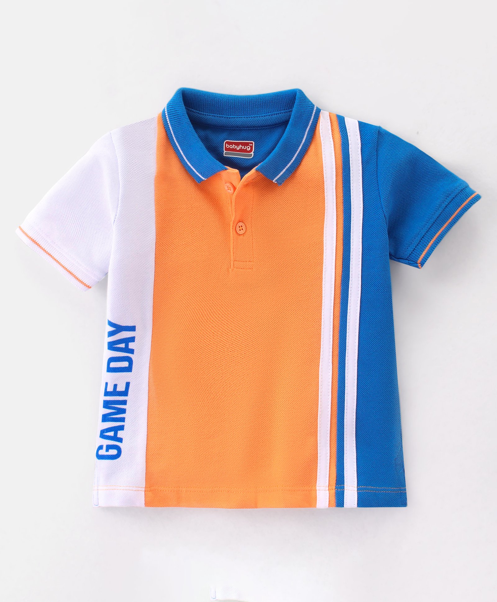Babyhug Cotton Half Sleeves Polo T-Shirt With Text Graphics & Football Applique on Sleeve - Orange & Blue-image-16