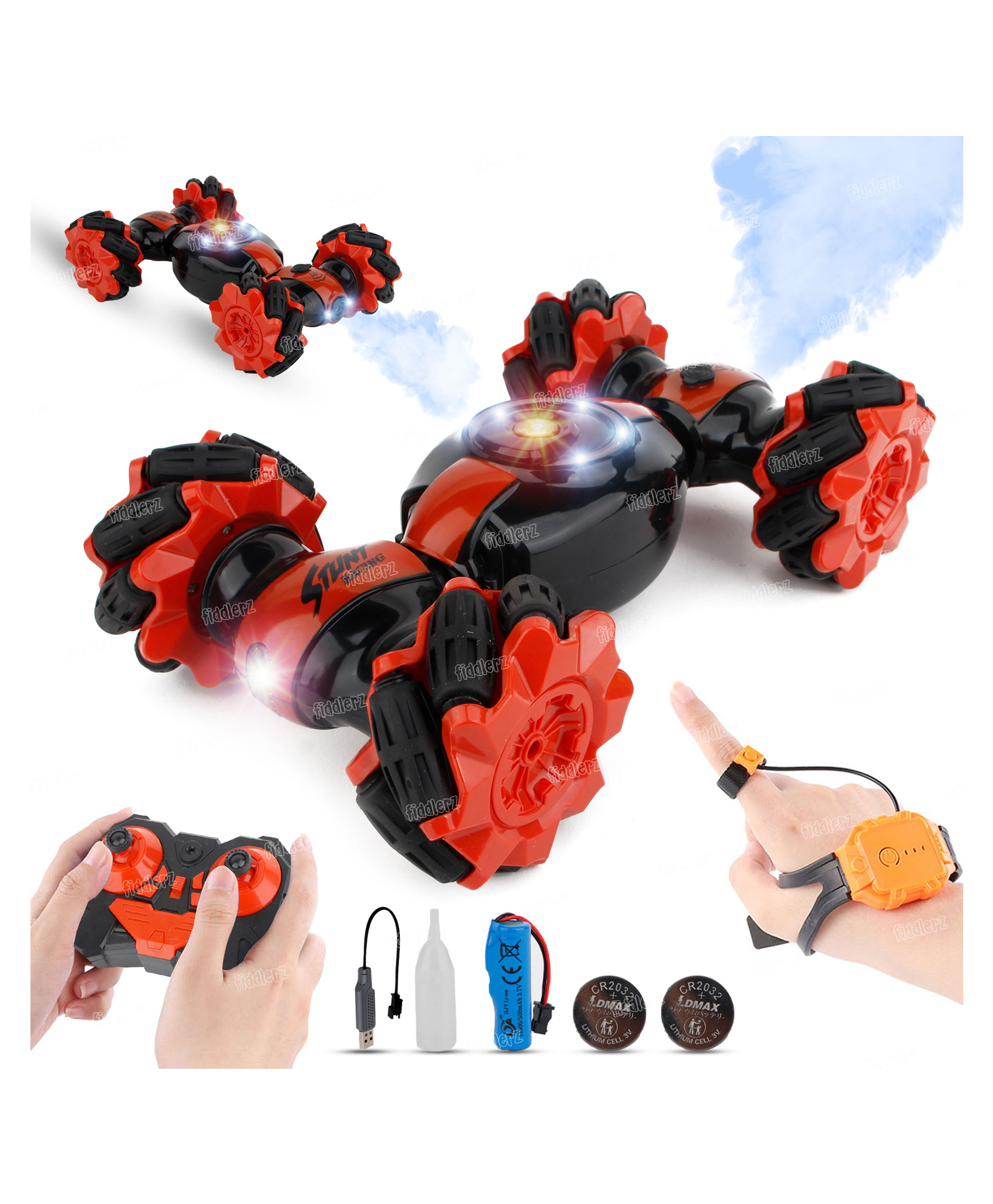 Fiddlerz Remote Control Gesture Sensor Toy RC Stunt Car 2.4Ghz 4WD Double Sided Rotating Off Road Vehicle 360° Flips With Lights - Red-image-49
