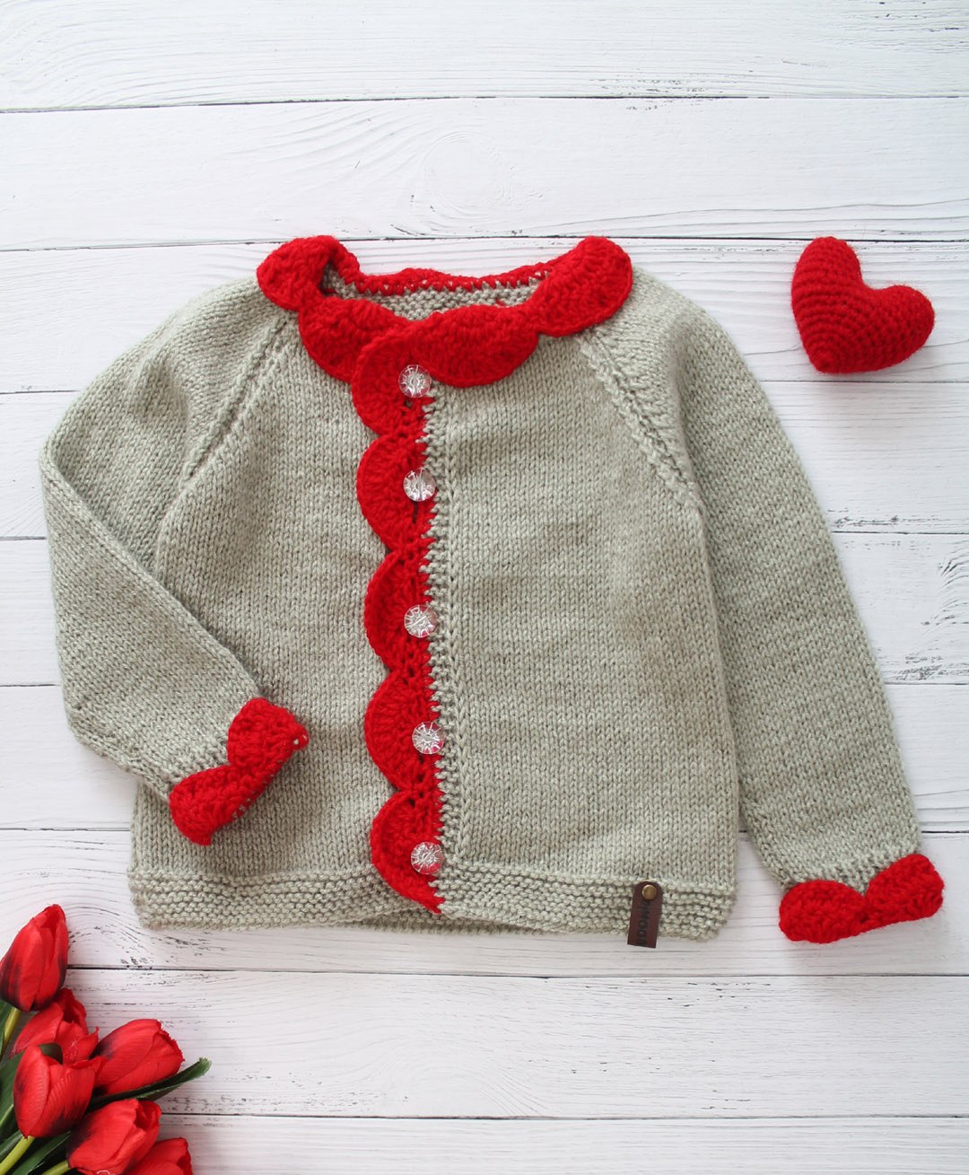 Woonie Full Sleeves Scalloped Border Hand Knitted Cardigan - Grey-image-41
