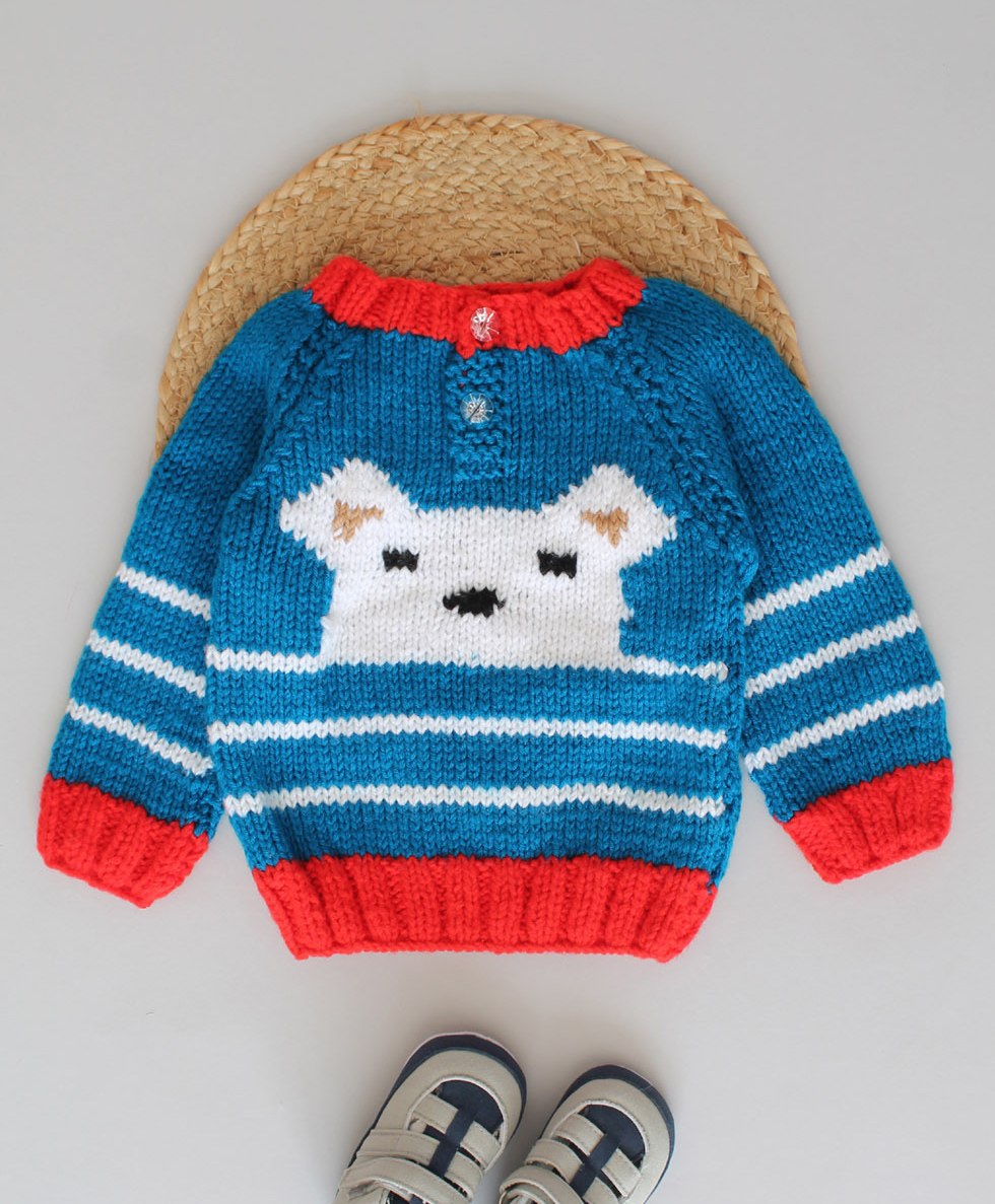 Woonie Full Raglan Sleeves Striped & Teddy Bear Detailed Hand Knitted Sweater - Blue-image-1