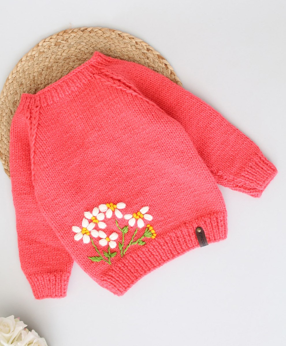 Woonie Full Sleeves Placement Floral Embroidered Sweater - Coral Red-image-44