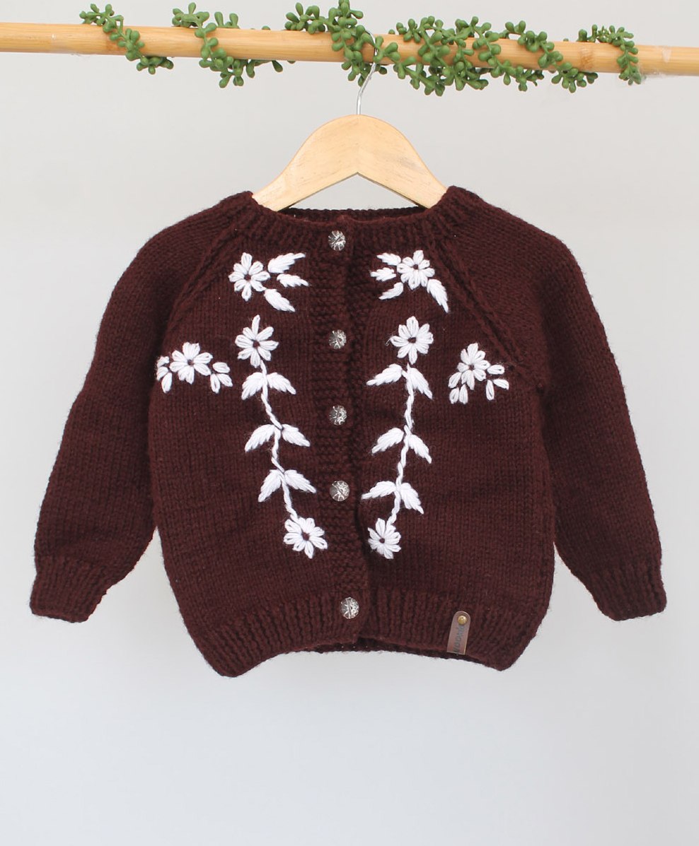 Woonie Full Sleeves  Floral Embroidered    Hand Knitted   Sweater - Brown-picture-11