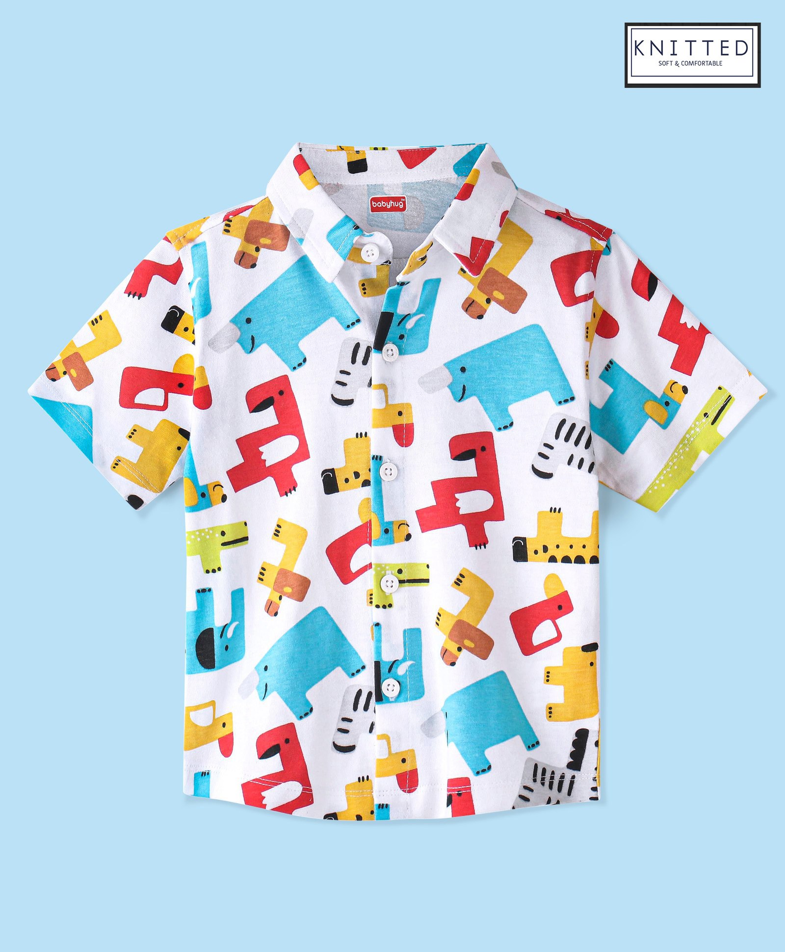 Babyhug Cotton Knitted Half Sleeves  Regular Collar Shirt Animals Printed  - White-image-36