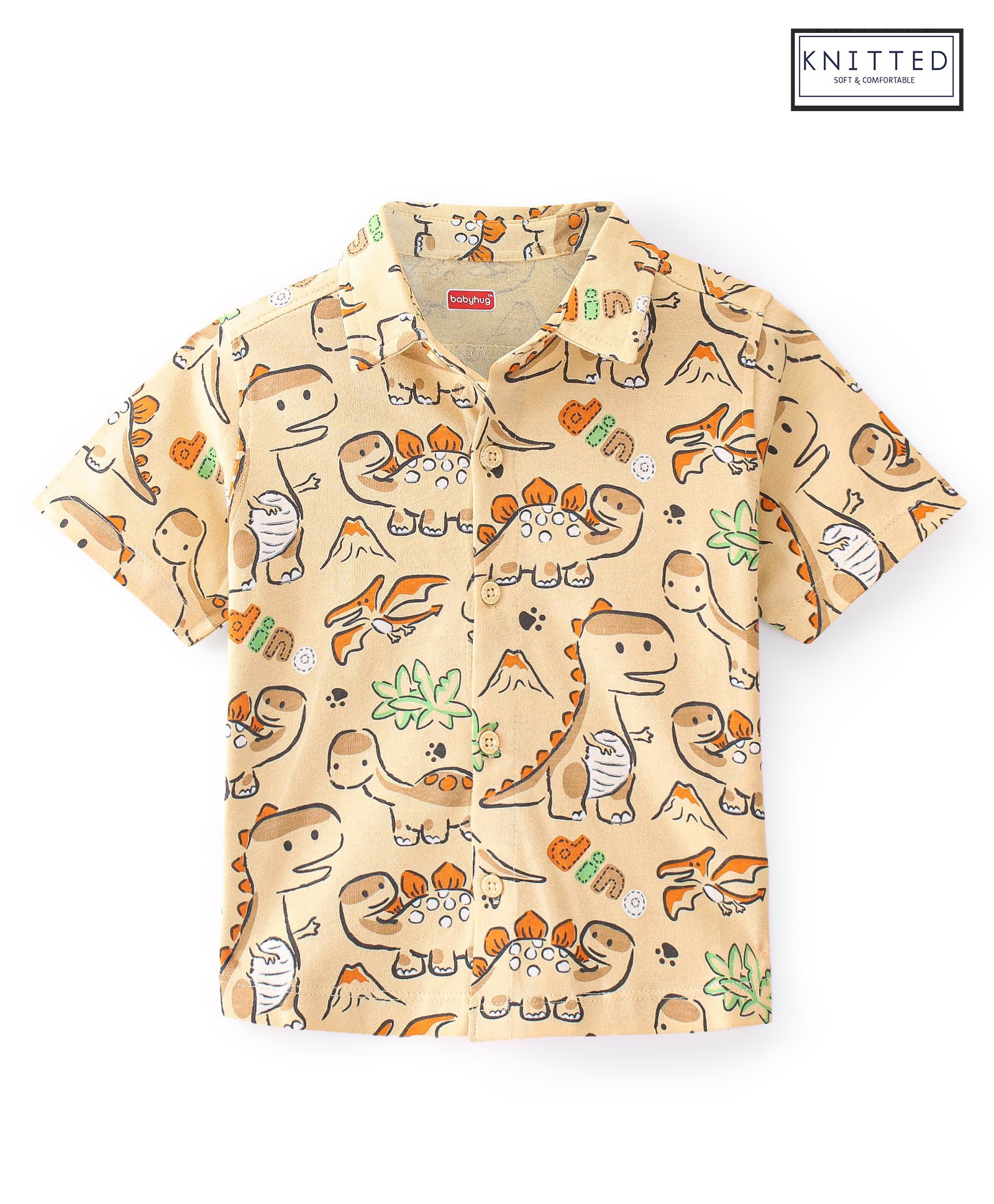Babyhug Cotton Knit Half Sleeve Dino Printed Shirt - Beige-image-25