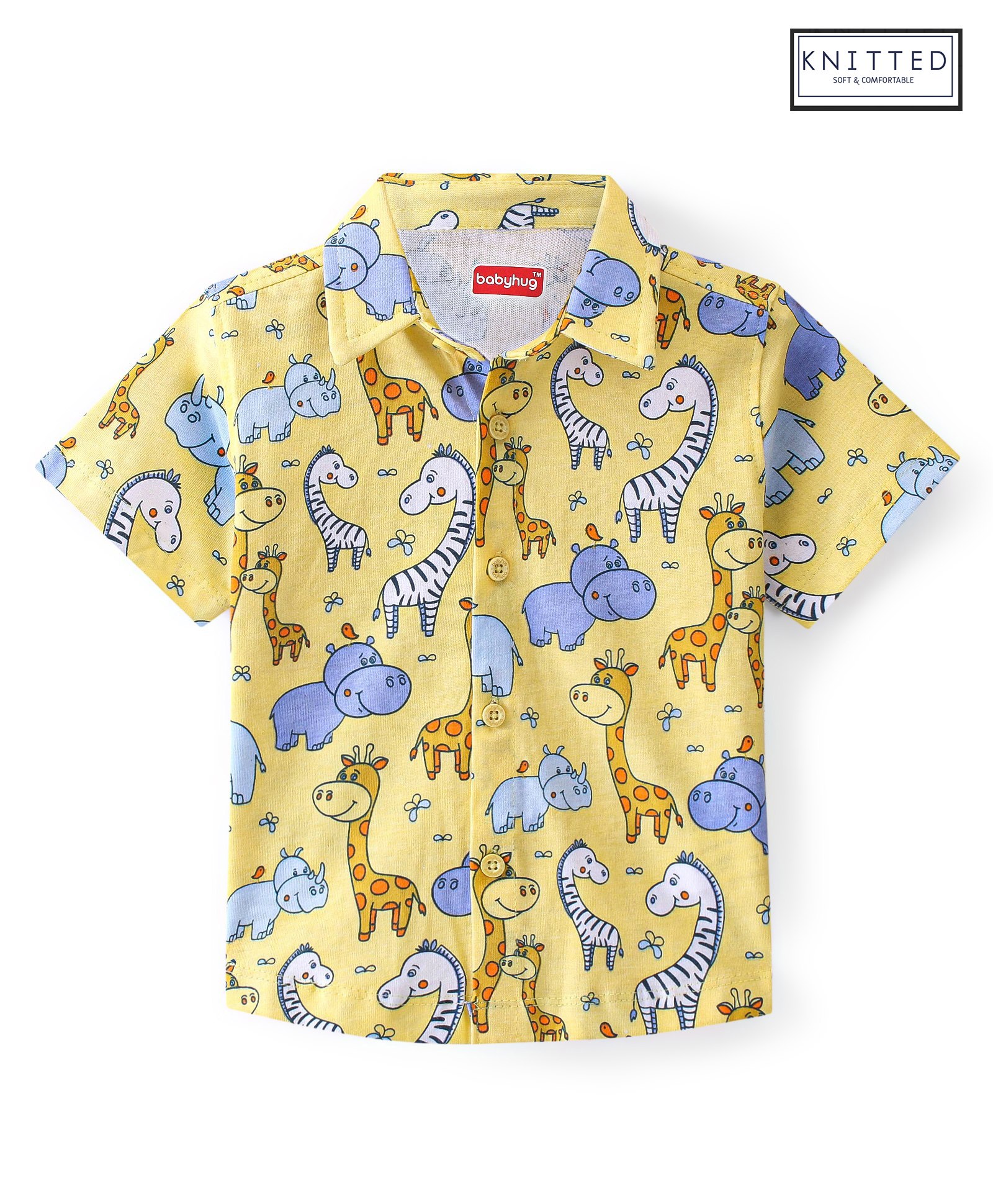 Babyhug Cotton Knit Half Sleeves Giraffe Printed Regular Shirt - Yellow-image-2