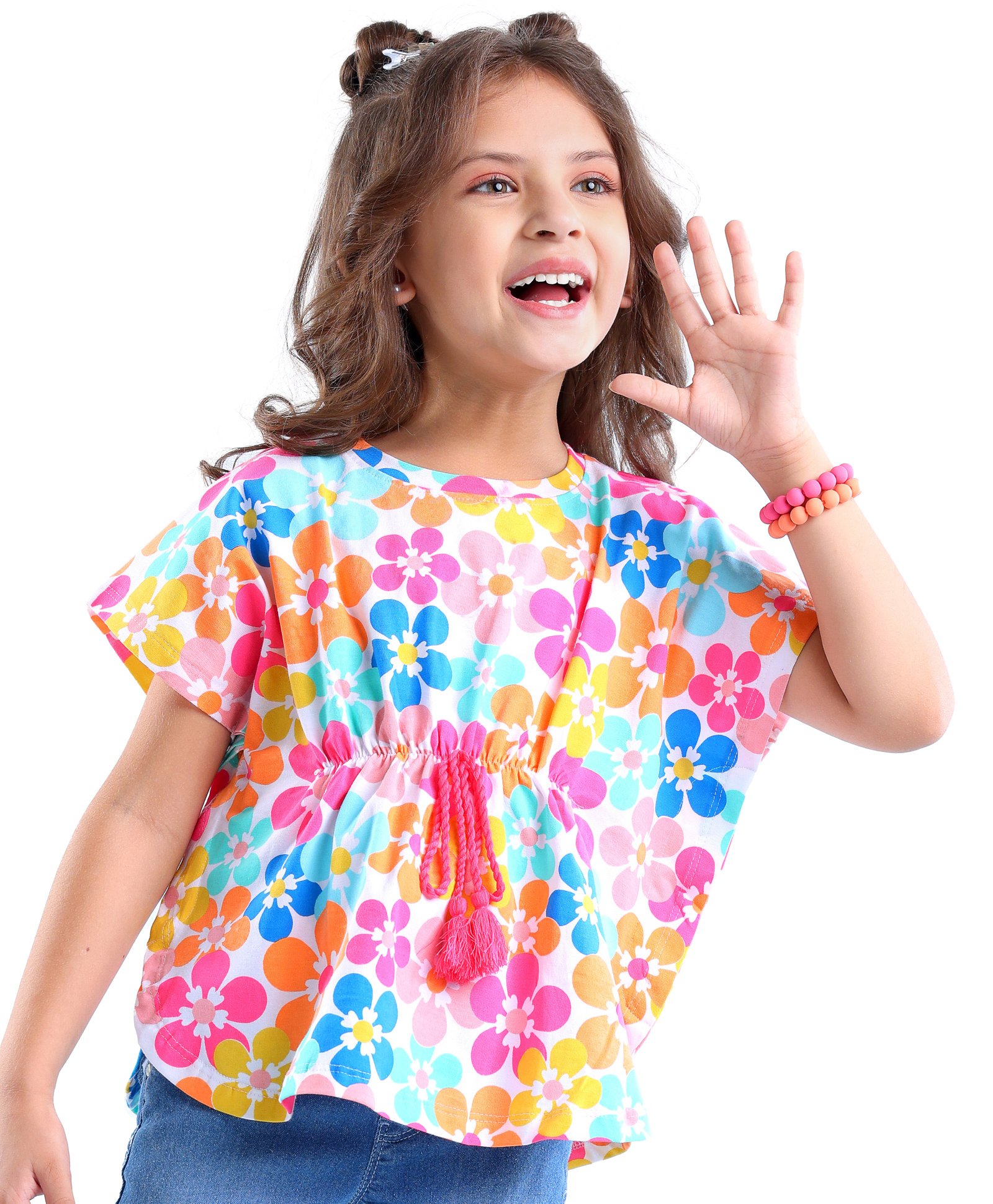 Babyhug 100% Cotton Knit Half Sleeves Kaftan Style Top With Tassel Detailing & Floral Print - WHite-image-47