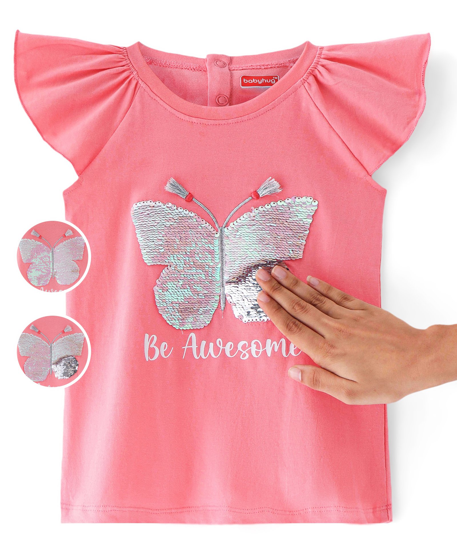 Babyhug Cotton Knit Sleeveless T-Shirt with Reversible Sequin & Frill Detailing - Pink-picture-25