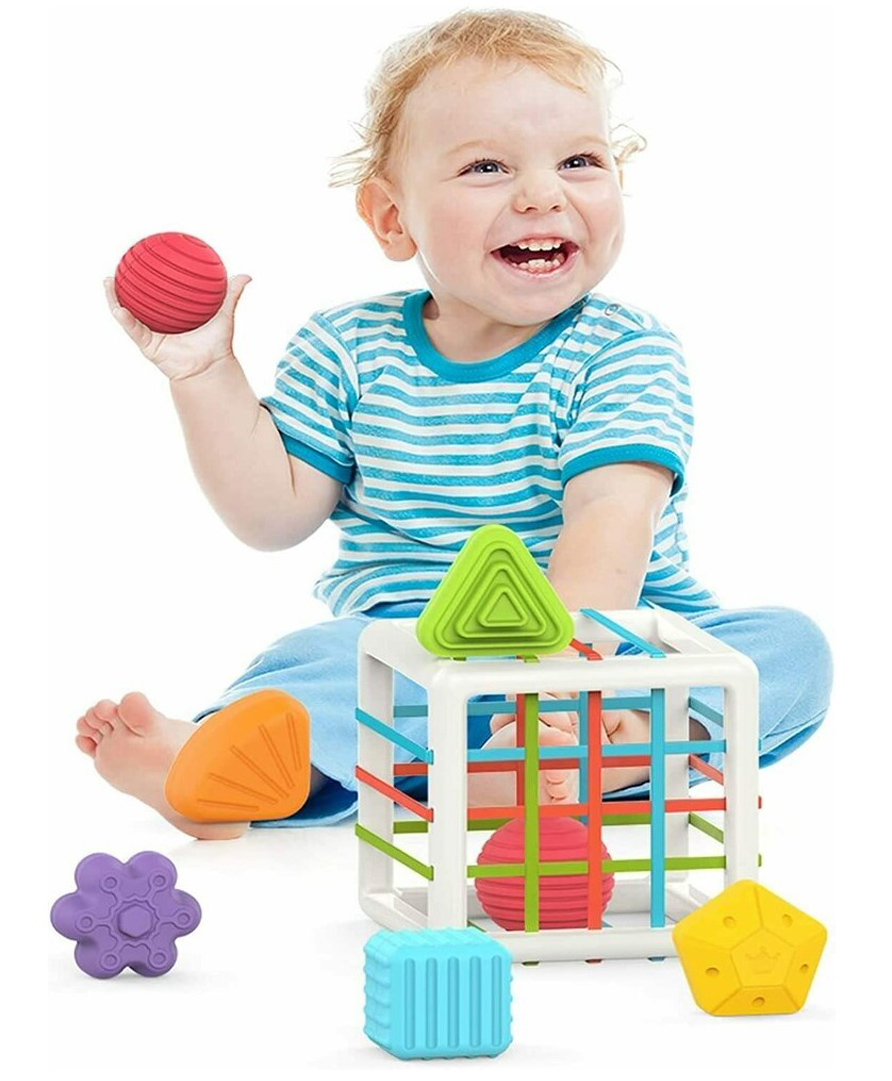 YAMAMA Sensory Shape Sorting Toys Cube Shape And Colorful Elastic Bands Sensory Bin With Balls And Blocks For Kids And Babies - Multicolor-image-7
