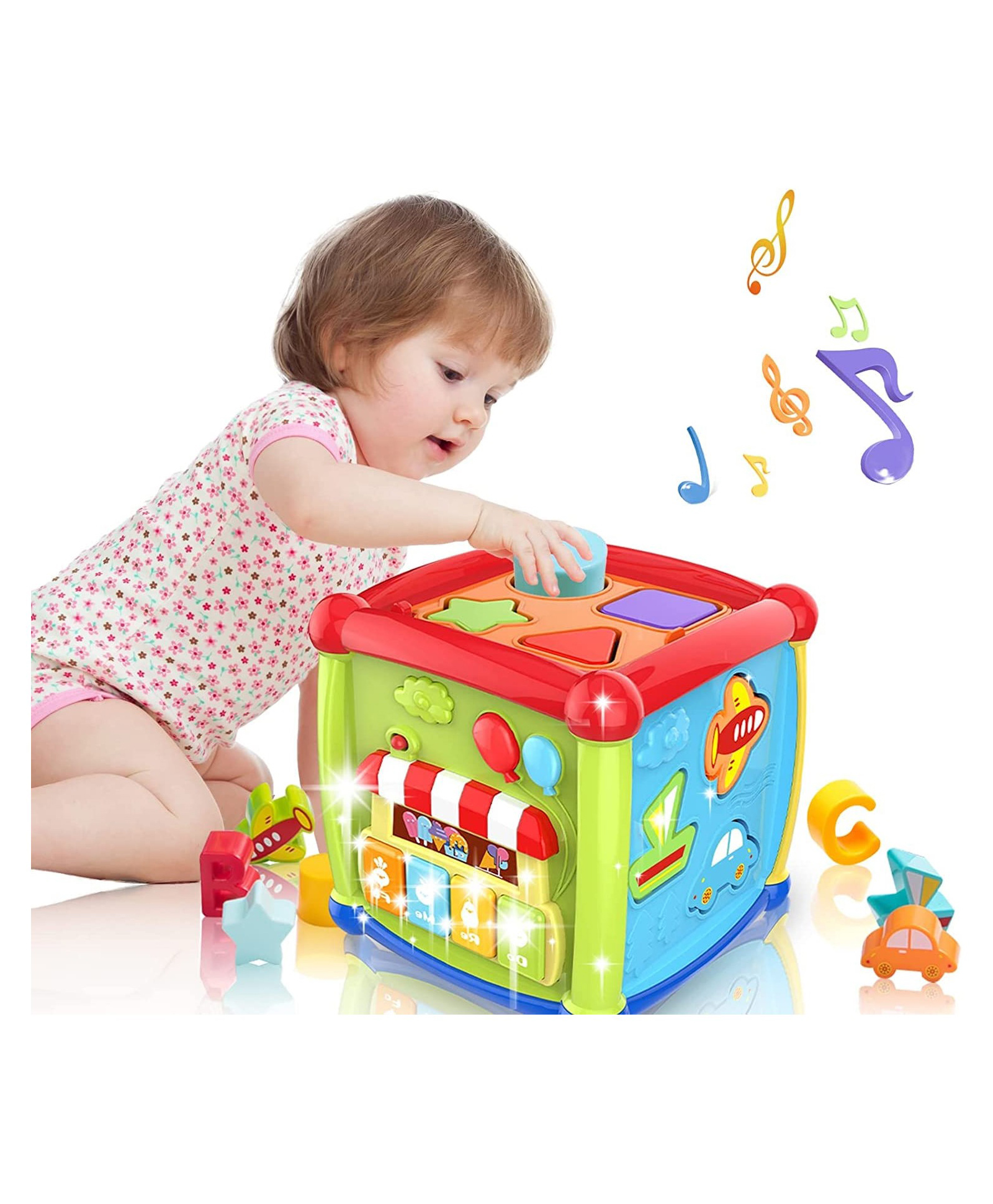 YAMAMA Musical Fancy Baby Activity Cube 6 in 1 Learning Toys With Letters Colorful Shape Sorter Vehicles Puzzle 4 Piano Keys For Kids And Babies  Multicolor-image-32