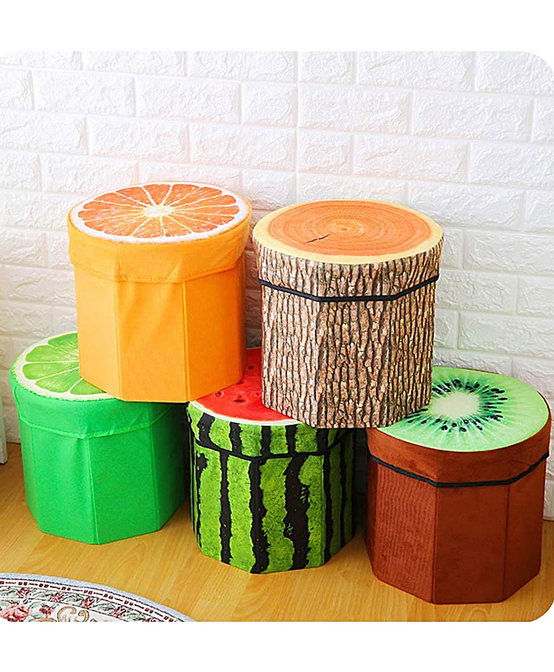 YAMAMA Fruit Folding Footstool Seat Storage Box Round Storage Chest Padded Box For Kids And Adults - Design May Vary - Multicolor-image-38