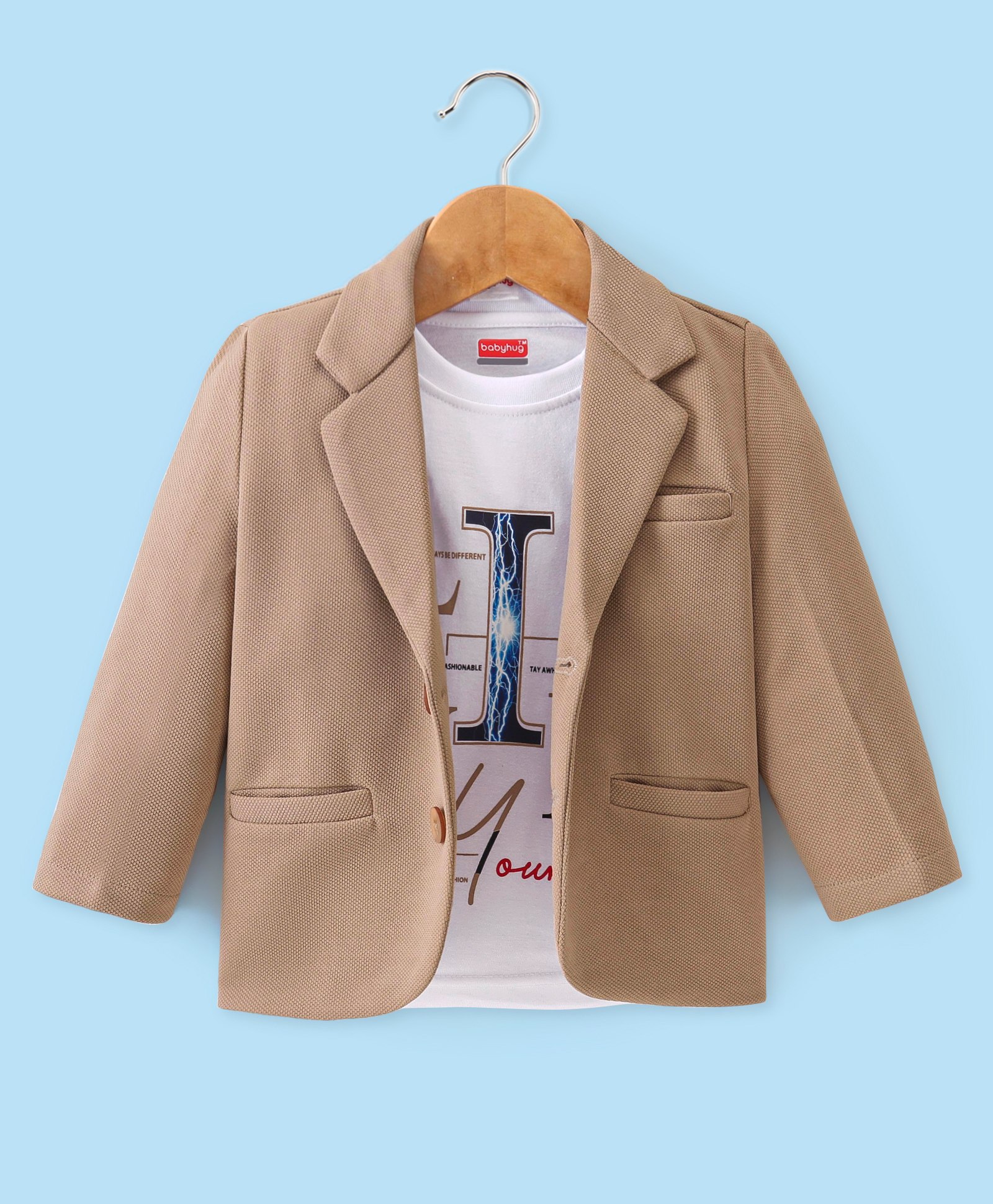 Babyhug Full Sleeves Party Wear Blazer with Graphic Printed T-Shirt - Beige-image-36