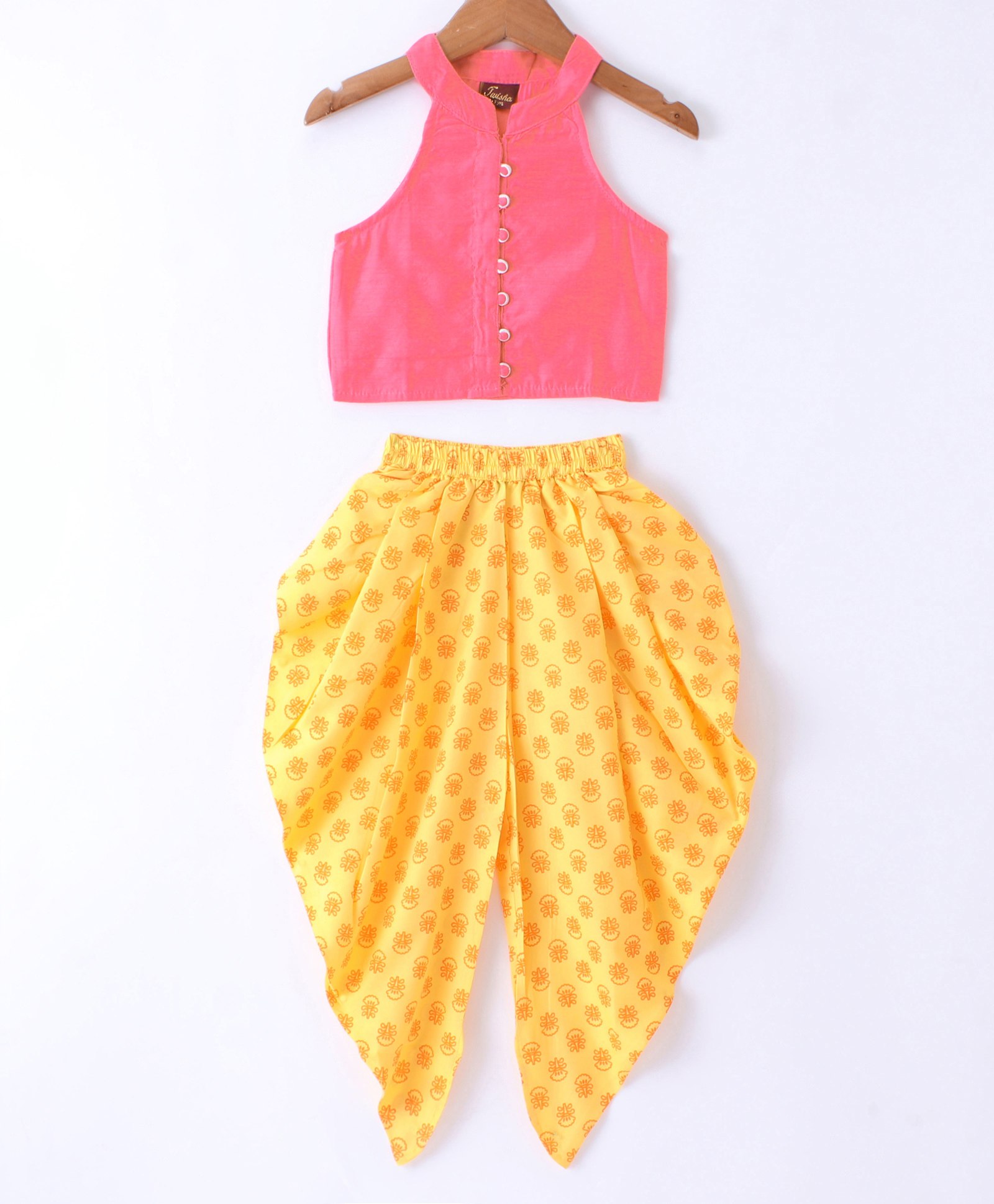 Twisha Sleeveless Incut Style Solid Top & Floral Foil Printed Dhoti - Lime Green & Pink-picture-16