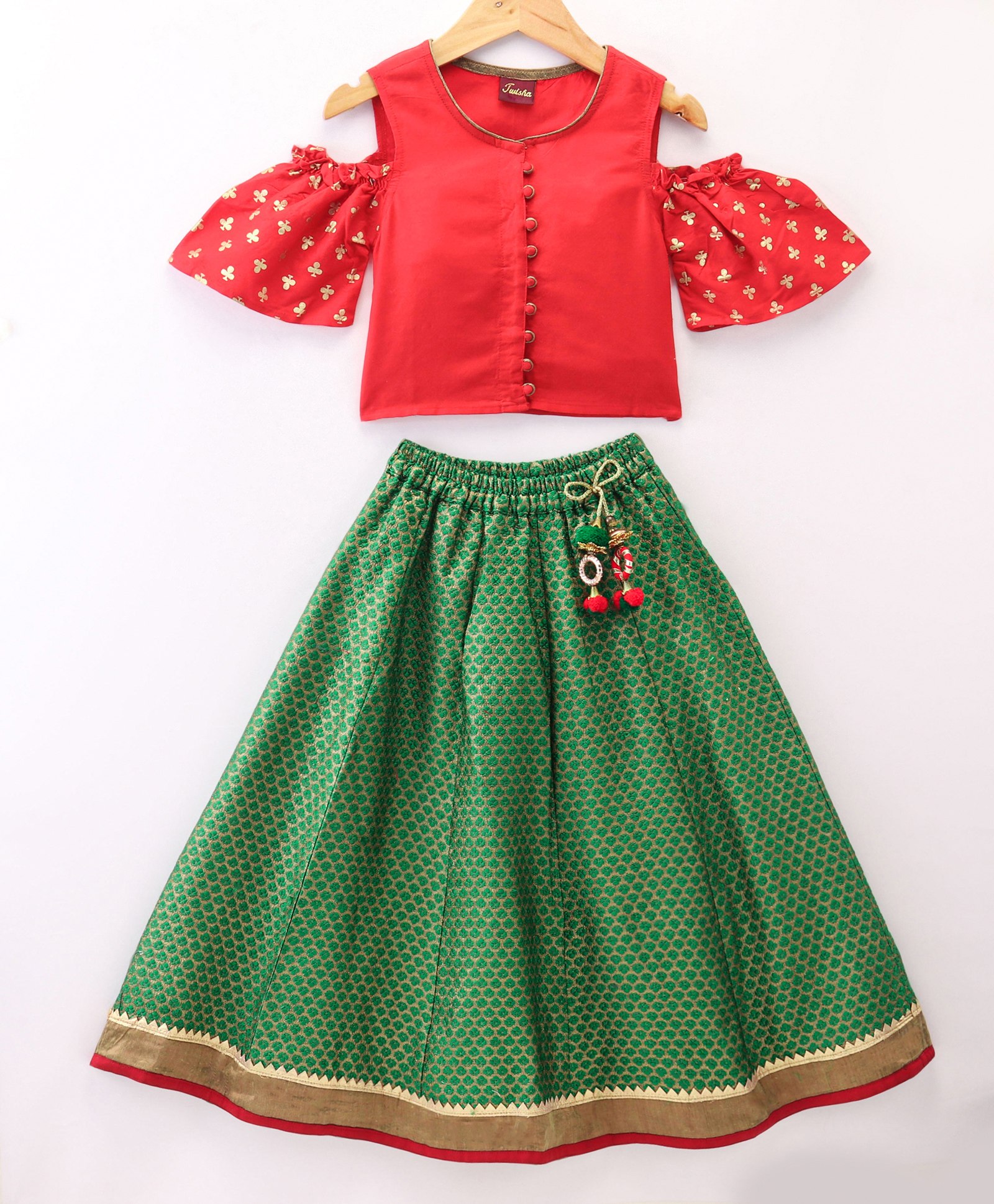 Twisha Cold Shoulder Half Sleeves Foil Printed Top & Seamless Brocade Designed Ghagra - Red & Green-image-23