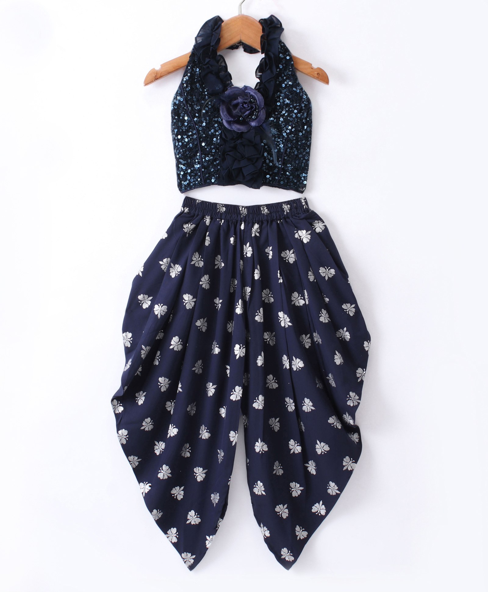 Twisha Halter Neck Sequin Embellished Ruffles Designer Top With Butterfly Foil Printed Dhoti - Navy Blue-image-2