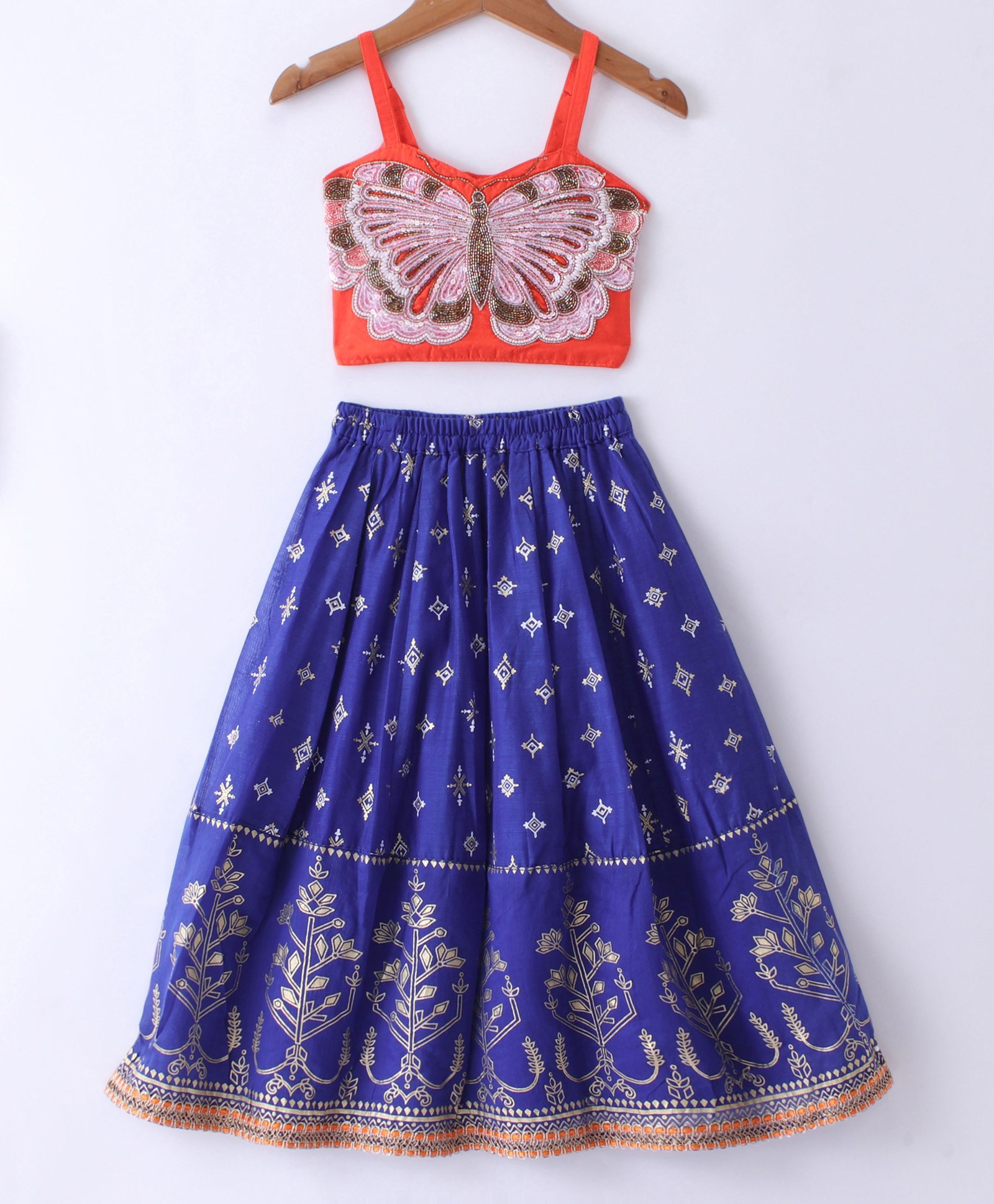 Twisha Sleeveless Butterfly Detailed Sequin Embellished & Embroidered Crop Top With Foil Printed Ghagra - Blue & Orange-image-38