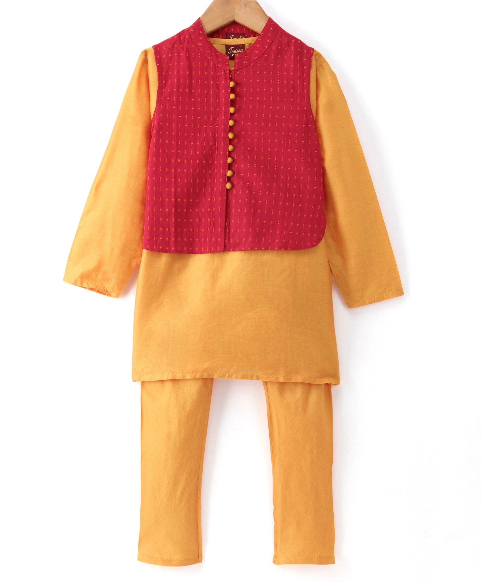 Twisha Full Sleeves Solid Kurta & Pyjama With Motif Detailed Jacket - Golden Yellow-image-22