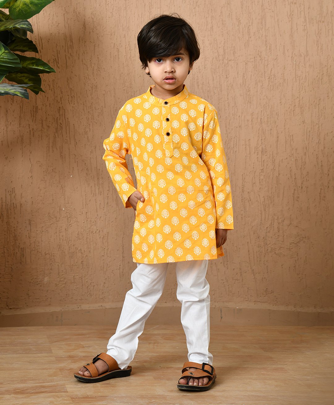 MoMaa Full Sleeves Seamless Damask Motif Printed Kurta With Pyjama - Yellow-picture-22